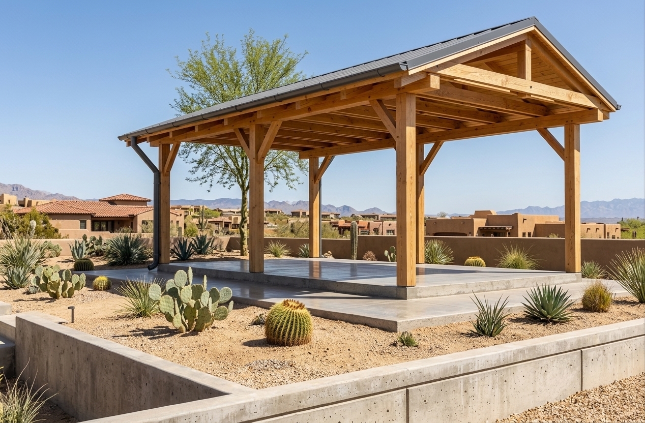 An incredibly lifelike, richly detailed, photorealistic wide-angle exterior shot of a contemporary timber-framed pavilion and carport set in a sun-drenched Southwestern desert retreat. The scene is illuminated by bright, clear midday spring sunlight casting crisp, linear shadows beneath the eaves, creating a warm, tranquil, and grounding atmosphere. Captured with a professional 35mm architectural tilt-shift lens, emphasizing the organic grain of heavy blonde timber posts, exposed truss joinery, polished poured-concrete flooring, and matte dark gutter detailing. Surrounding the minimalist open-air structure, the landscape unfolds with sculptural cacti, agave clusters, and arid gravel beds framed by distant terracotta and sand-toned adobe vistas, capturing the effortless, simplistic elegance of a high-end architectural photography monograph.