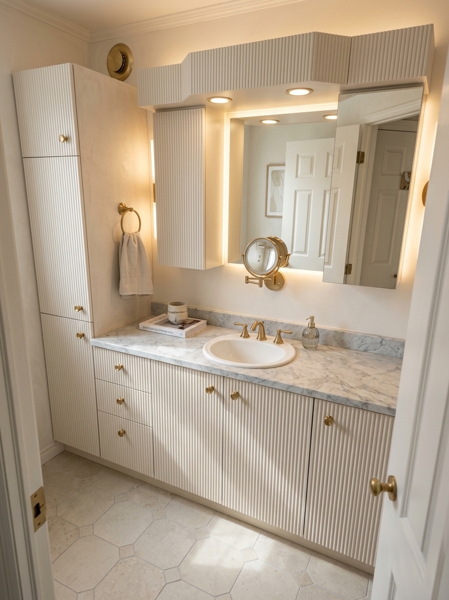 An incredibly lifelike, richly detailed, photorealistic wide-angle interior photograph of a redesigned luxury bathroom vanity suite set in an airy, contemporary residence during a sunlit summer midday. The scene is illuminated by radiant, diffused natural midday sunlight reflecting off luminous surfaces, paired with warm, integrated backlighting and sculptural brass sconces, creating a tranquil, sophisticated, and light-filled atmosphere. Captured with a Hasselblad H6D-100c and a 24mm f/4 lens, emphasizing the seamless polished stone surfaces, tactile plaster finishes, and slim champagne-gold metal accents. The outdated bulky teal cabinetry has been transformed into a floating, clean-lined vanity clad in warm pearl-toned fluted millwork, topped with a polished soft gray and white marble countertop with an elegant undermount porcelain basin and refined brushed brass plumbing fixtures. Above the vanity, an expansive frameless LED-backlit mirror effortlessly expands the space, balanced by a piece of framed minimalist abstract wall art on a soft warm white limewashed accent wall. Beside the vanity, a tailored upholstered bouclé stool in champagne beige adds refined comfort, while the curated countertop decor features an architectural photography book, artisanal ceramic vessels, a sculptural glass soap dispenser, and a delicate floral stem, perfectly grounding the space in timeless elegance and understated luxury over large-format limestone floor tiles.