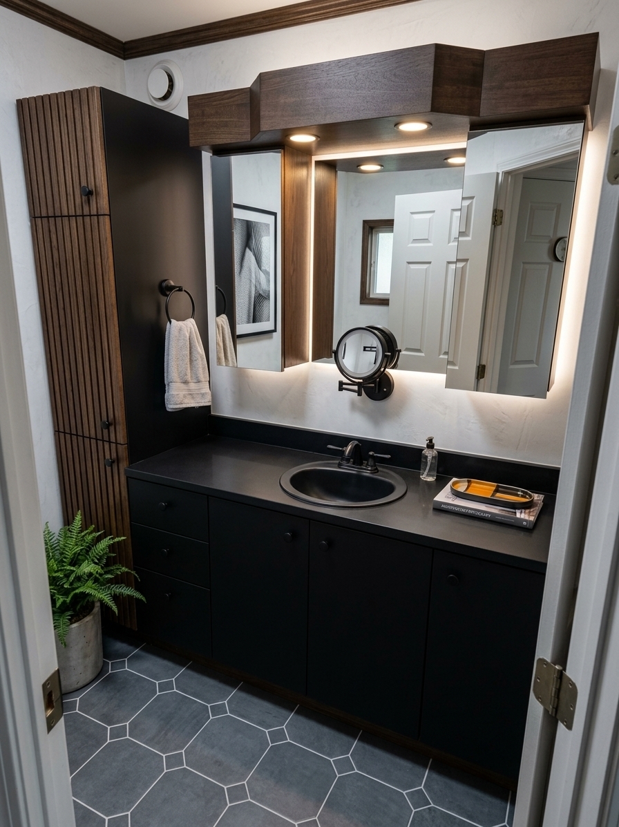 An incredibly lifelike, richly detailed, photorealistic interior shot of a completely reimagined modern fusion bathroom vanity area set in a high-end urban apartment. The scene is illuminated by ambient, hidden LED backlighting behind a geometric, frameless mirror and precision recessed warm spotlights, creating a sleek, moody, and sophisticated atmosphere. Captured with a 35mm architectural lens, emphasizing contrasting smooth and tactile surfaces, the space is overhauled with a minimalist floating vanity crafted from rich, dark-stained slatted wood, paired with a seamless matte black quartz countertop and an integrated basin with sleek matte black wall-mounted fixtures. The dated walls are replaced by textured white microcement, complemented by a striking piece of monochromatic abstract wall art framed in thin black metal. On the counter, a curated architectural photography book rests beneath a chic ceramic tray with vibrant amber accents, while a potted lush green fern in a raw concrete planter brings an organic touch to the clean-lined, industrial-inspired geometric space. Large-format slate-gray tiles complete the floor, giving the entire room an open, ultra-contemporary, and polished feel.