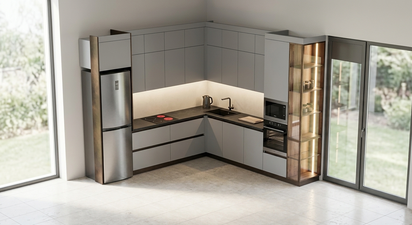 A clean, photorealistic architectural photograph of the modern L-shaped kitchen, maintaining the exact isometric perspective, layout, and proportions. Soft, natural daylight diffuses from an off-camera window with sheer curtains on the left, blending with warm 3000K LED under-cabinet task lighting that highlights the dark stone countertop and light backsplash. The tall corner glass display cabinet is warmly illuminated from within, showcasing arranged glass bottles with subtle caustic reflections and realistic transparencies. Matte gray cabinetry surfaces exhibit faint micro-textures, while the brushed stainless steel refrigerator and dark built-in oven show gentle, realistic reflections. Tasteful minimal kitchen decor accents the countertop under balanced ambient light, captured on a 50mm tilt-shift lens with crisp depth, natural shadow gradations, and subtle organic surface imperfections.