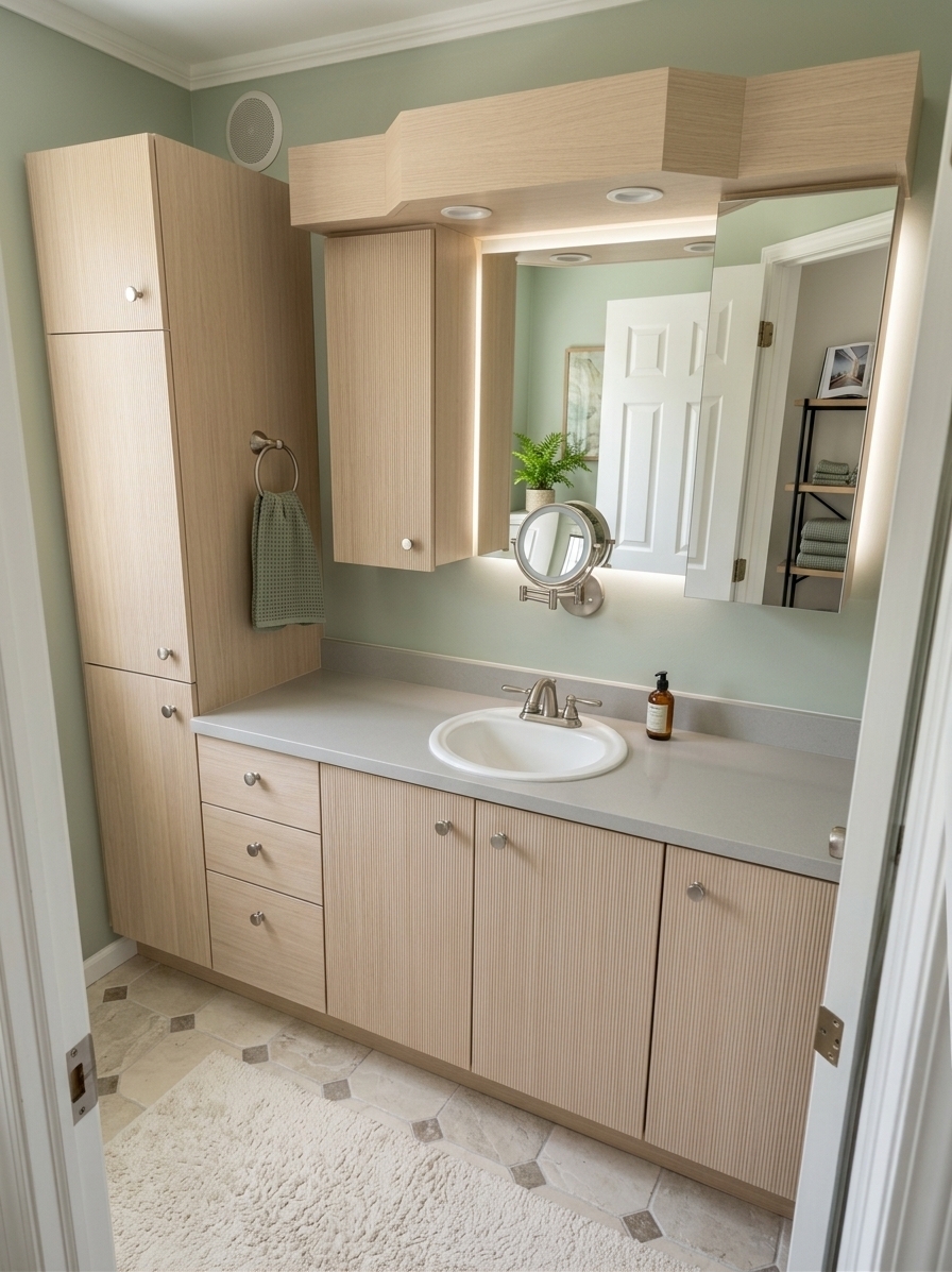 An incredibly lifelike, richly detailed, photorealistic eye-level interior shot of a reimagined Scandinavian sanctuary bathroom set in a tranquil, contemporary home. The scene is illuminated by bright, diffused midday summer sunlight streaming through a large frosted clerestory window and complemented by soft halo backlighting behind a sleek, frameless oval mirror, creating an exquisitely serene, airy, and hygge-inspired atmosphere. Captured with a professional full-frame camera and a 28mm wide-angle lens, emphasizing tactile natural wood grains, matte stone surfaces, and plush textiles, the former dated vanity is replaced by a minimalist floating cabinet of pale, ribbed white oak paired with a seamless light gray engineered quartz countertop and brushed nickel hardware. The palette is an organic blend of warm whites, gentle grays, and soft sage green walls adorned with minimalist nature-inspired botanical art prints. To the side, a slim matte black metal and light timber étagère displays folded waffle-knit organic towels, an open architecture photography book, and a small potted fern providing subtle greenery, while the old flooring gives way to large-format limestone tiles topped with a deep-pile cream cotton runner, creating a perfectly balanced, functional, and deeply rejuvenating personal wellness retreat.