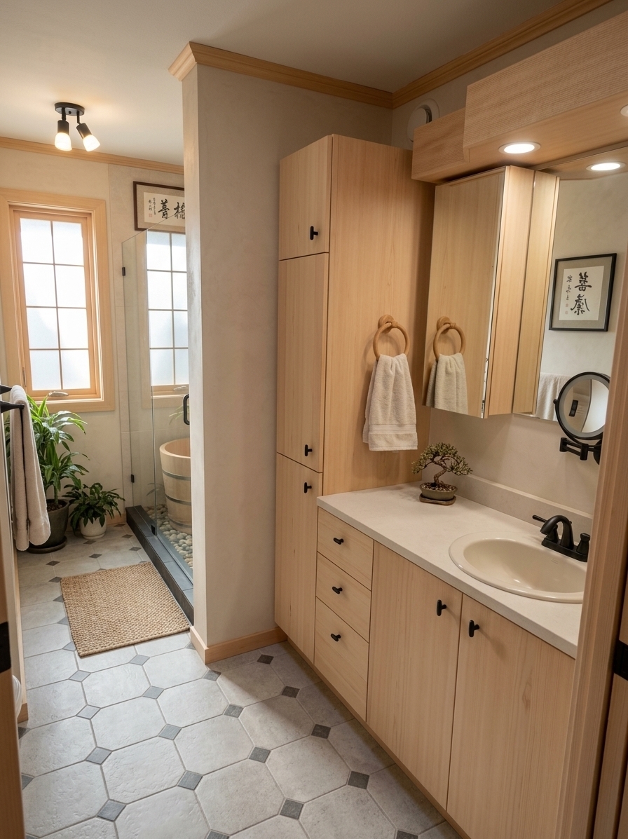 An incredibly lifelike, richly detailed, photorealistic eye-level perspective shot of a reimagined Japanese Zen bathroom set in a tranquil spa-inspired residence. The scene is illuminated by soft, diffused morning sunlight filtering through a minimalist frosted shoji-style window and subtle, warm concealed cove lighting, creating a calm, meditative, and deeply balanced atmosphere. Captured with a professional 24mm wide-angle lens at f/4, emphasizing the organic tactile textures of light Hinoki wood grain, smooth matte limestone, and wabi-sabi textured plaster walls. The cluttered layout is transformed into an uncluttered sanctuary where a floating, light-toned timber vanity with integrated matte black hardware replaces the bulky cabinetry, complemented by a seamless vessel sink resting upon a pristine off-white stone countertop. In the background, where the dated shower once stood, a frameless glass wet-room reveals a freestanding deep wooden soaking tub bordered by smooth natural river pebbles and charcoal slate tiles. A delicate bonsai and lush potted indoor plants add vibrant touches of natural green, while a framed piece of authentic Japanese calligraphy wall art and an artfully placed photography book resting on a low wooden shelf infuse the space with rich cultural elegance and serene, functional simplicity.