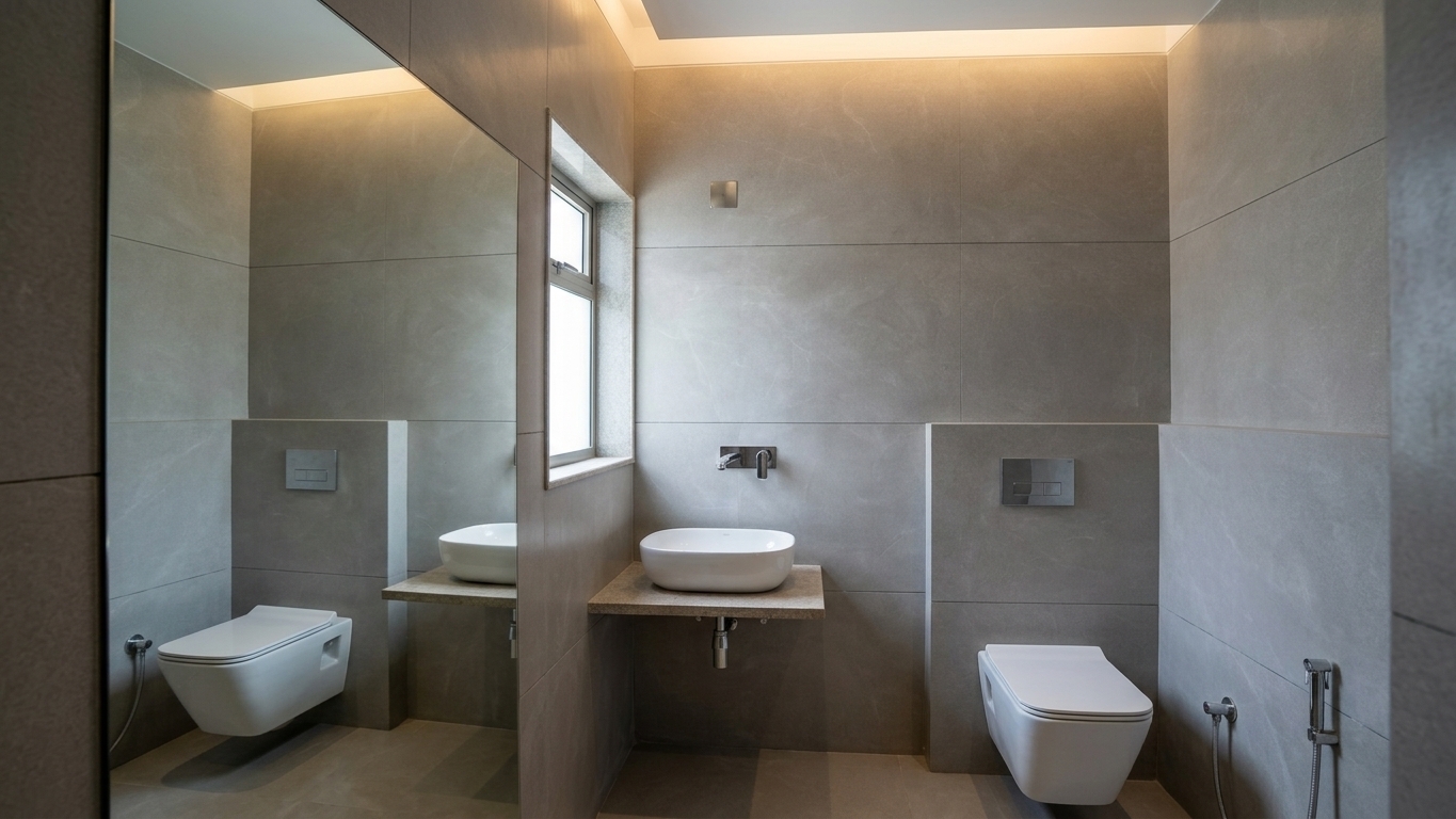 A wide-angle architectural photograph of a modern, finished bathroom maintaining the exact layout and perspective of the original space. The matte gray large-format tiled walls are clean and precisely grouted. Installed beneath the window and centered over the low ledge is a sleek, modern wall-mounted washbasin with a polished chrome faucet, topped by a large frameless mirror illuminated by a warm, minimalist overhead vanity lamp. On the right, seamlessly integrated into the tiled wall where the rough plumbing sits, is a contemporary wall-mounted toilet. Soft, natural daylight pours through the side window, mingling with the warm 3000K vanity light to cast realistic specular highlights and soft shadows across ceramic and tile surfaces, captured with crisp depth of field, subtle film grain, and authentic material textures.