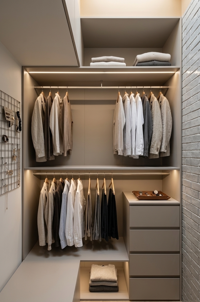 An incredibly lifelike, richly detailed, photorealistic interior shot of a bespoke walk-in closet set in a contemporary luxury apartment. The scene is illuminated by soft, diffuse midday daylight blended with warm, integrated LED strip lighting recessed beneath the upper shelving and hanging rails, creating a calm, minimalist haven. Captured with a 24mm tilt-shift architectural lens, emphasizing the smooth matte texture of the warm greige custom cabinetry and the rich grain of light oak herringbone flooring. Sleek brushed-metal hanging rods stretch across the back and left sections, displaying an impeccably curated collection of neutral-toned designer garments, tailored shirts, and linen coats on matching slim wooden hangers. The right-hand column features seamless handleless drawers topped with minimalist decorative trays for watches and accessories, while the upper compartments neatly house textured linen storage boxes and folded knitwear, realizing an exquisitely organized, high-end dressing space.