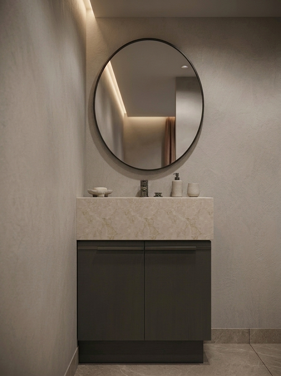 A professional architectural photograph of the minimalist bathroom washbasin, captured with a sharp lens and balanced exposure. Warm, diffused cove lighting gently washes over the textured matte plaster walls, casting soft gradients and realistic contact shadows. The beige marble countertop features authentic mineral veining, micro-reflections, and sharp tactile realism, accented by the brushed metal faucet, ceramic dispenser, and stone dish. Below, the dark cabinet reveals fine wood grain textures under ambient illumination. The large round mirror displays clear, geometrically accurate reflections of the warm interior space behind with natural glass clarity, complemented by subtle sensor grain and crisp tonal depth throughout the scene.