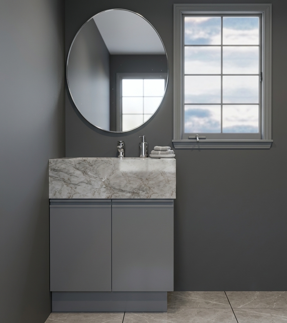 Professional eye-level architectural photograph of the bathroom vanity setup, faithfully preserving the exact layout, framing, and geometry. Cool, diffused natural daylight streams through the window on the right, casting soft directional light and gentle ambient shadows across the smooth matte grey cabinet and thick, polished veined marble countertop. The oval mirror reflects the soft interior ambiance and natural daylight with pristine optical clarity. The chrome faucet gleams naturally, accented by minimal countertop styling including a sleek soap dispenser, a small ceramic tray, and a delicate minimalist vase with subtle greenery. Rendered with the crisp depth, balanced exposure, and tactile surface micro-textures of a 50mm architectural interior shot.
