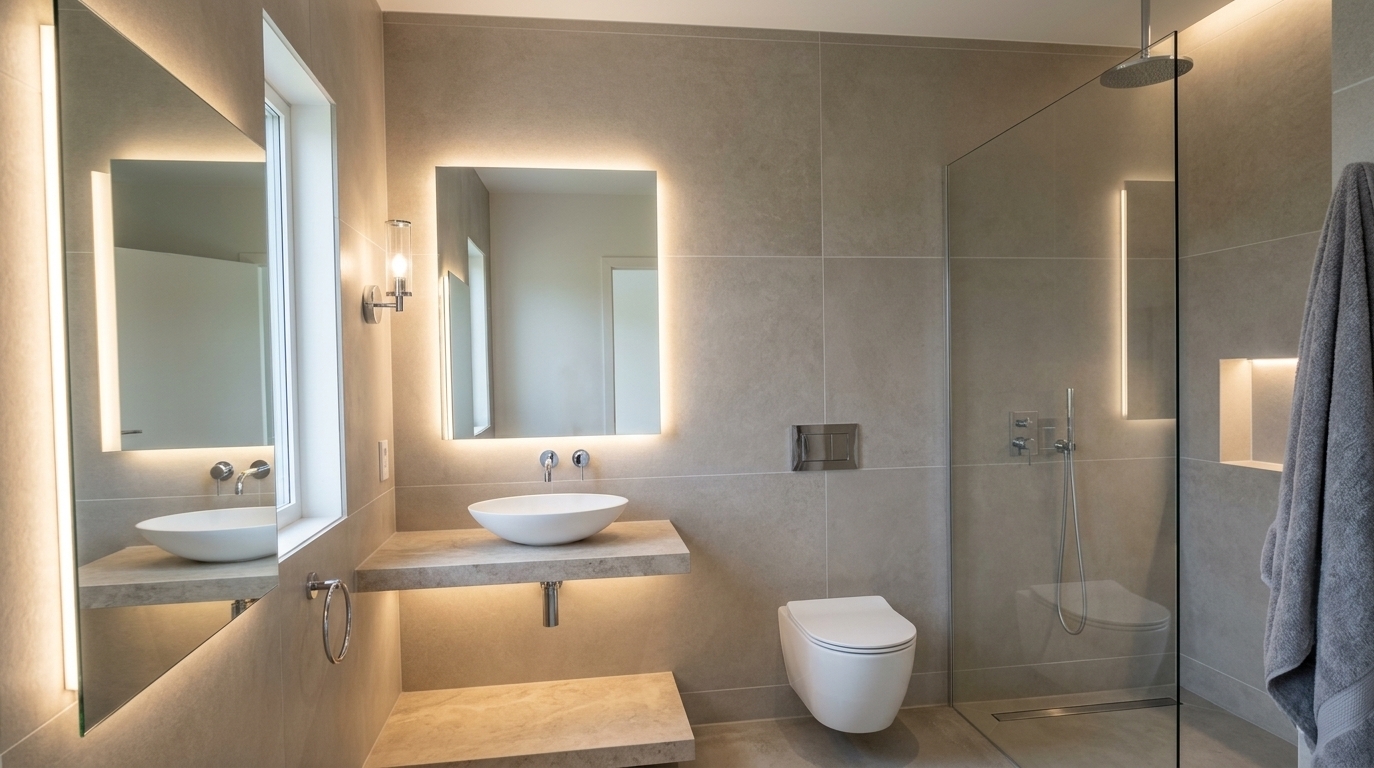 An incredibly lifelike, richly detailed, photorealistic wide-angle interior shot of a fully finished bathroom set in a luxurious contemporary apartment. The scene is illuminated by soft, natural daylight filtering through the window paired with warm, indirect LED backlighting beneath the vanity and behind the mirror, creating a serene, spa-like atmosphere. Captured with a professional 24mm architectural lens, emphasizing smooth large-format greige porcelain wall tiles, polished chrome accents, and crisp glass reflections. Beside the updated window, a floating natural stone countertop supports an elegant matte-white vessel sink with a tall, minimalist faucet, crowned by a large, backlit frameless rectangular mirror that expands the visual space. To the right, a sleek, minimalist wall-mounted toilet with a concealed cistern is seamlessly integrated against the refined tile wall. Directly adjacent, a sophisticated walk-in shower area is enclosed by a frameless tempered glass partition, featuring a flush linear floor drain, a recessed illuminated niche for amenities, and a ceiling-mounted rainfall showerhead, completing a balanced and functional sanctuary of contemporary elegance.