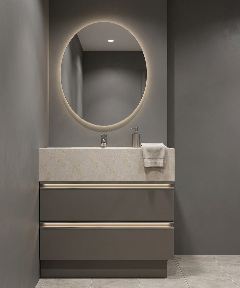 A professional architectural interior photograph capturing the exact scene straight-on with a 50mm lens at eye level, showcasing the modern bathroom vanity with absolute structural and geometric fidelity. The scene is illuminated by soft, diffused warm-neutral ambient light with a gentle directional overhead wash that casts realistic, subtle contact shadows beneath the countertop and recessed horizontal drawer grooves. The vertical oval mirror features pristine reflective glass with realistic, soft specular bounce and environmental reflections. The thick vanity countertop is rendered in genuine polished warm beige marble with delicate, organic veining and crisp, subsurface-scattered highlights, housing a refined brushed metal faucet. The lower vanity unit features two seamless drawers finished in smooth, ultra-matte warm greige lacquer with authentic micro-textures. A minimalist matte ceramic soap dispenser and a neatly folded textured linen hand towel sit delicately on the marble surface. The background walls display fine, matte plaster textures in muted neutral tones, while the floor presents realistic ceramic tiles with precise, faintly textured grout lines, capturing authentic photographic depth, subtle natural vignetting, and clean tonal transitions.