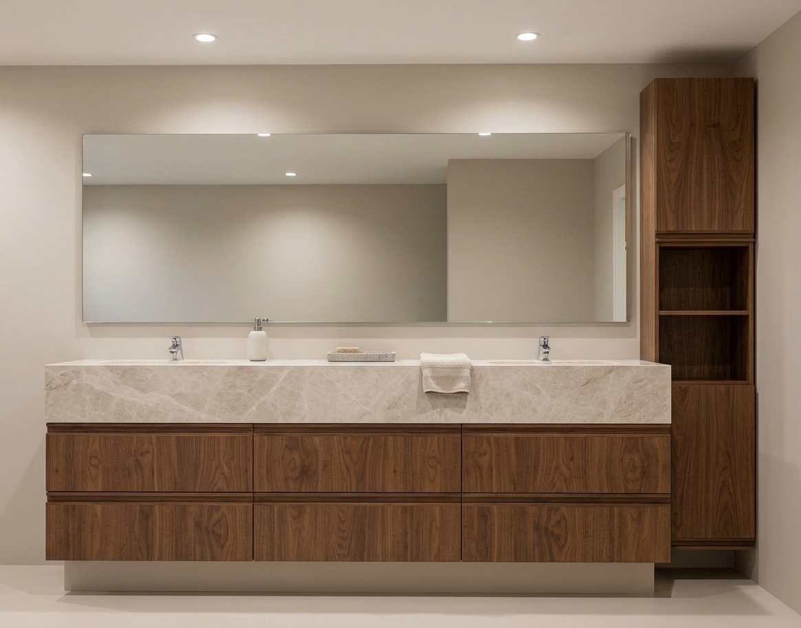 A high-end architectural interior photograph of the modern bathroom vanity unit, strictly preserving the exact straight-on frontal perspective, geometry, and proportions of the scene. The space is illuminated by soft, diffuse warm-neutral ambient lighting and discreet overhead fixtures, producing delicate gradients across the matte neutral walls and natural contact shadows within the drawer reveals and beneath the vanity base. The large rectangular mirror above the vanity is rendered as pristine, high-clarity reflective glass with subtle specular highlights along its crisp edges, naturally reflecting the soft ambient atmosphere of the room. The vanity drawers and the tall right-hand storage tower are rendered in rich, warm walnut wood veneer with authentic natural grain patterns, tactile satin finish, and crisp joinery. The thick light-toned marble countertop features soft, organic veining and polished surface physics, framing the two integrated undermount sinks and contemporary faucets, sparsely accented with elegant real-world details such as a sleek ceramic soap dispenser, a small textured stone tray, and a neatly folded linen hand towel. Shot on a professional 50mm architectural tilt-shift lens at f/8, the image achieves perfect vertical alignment, realistic material depth, clean micro-textures, and crystal-clear photographic fidelity.