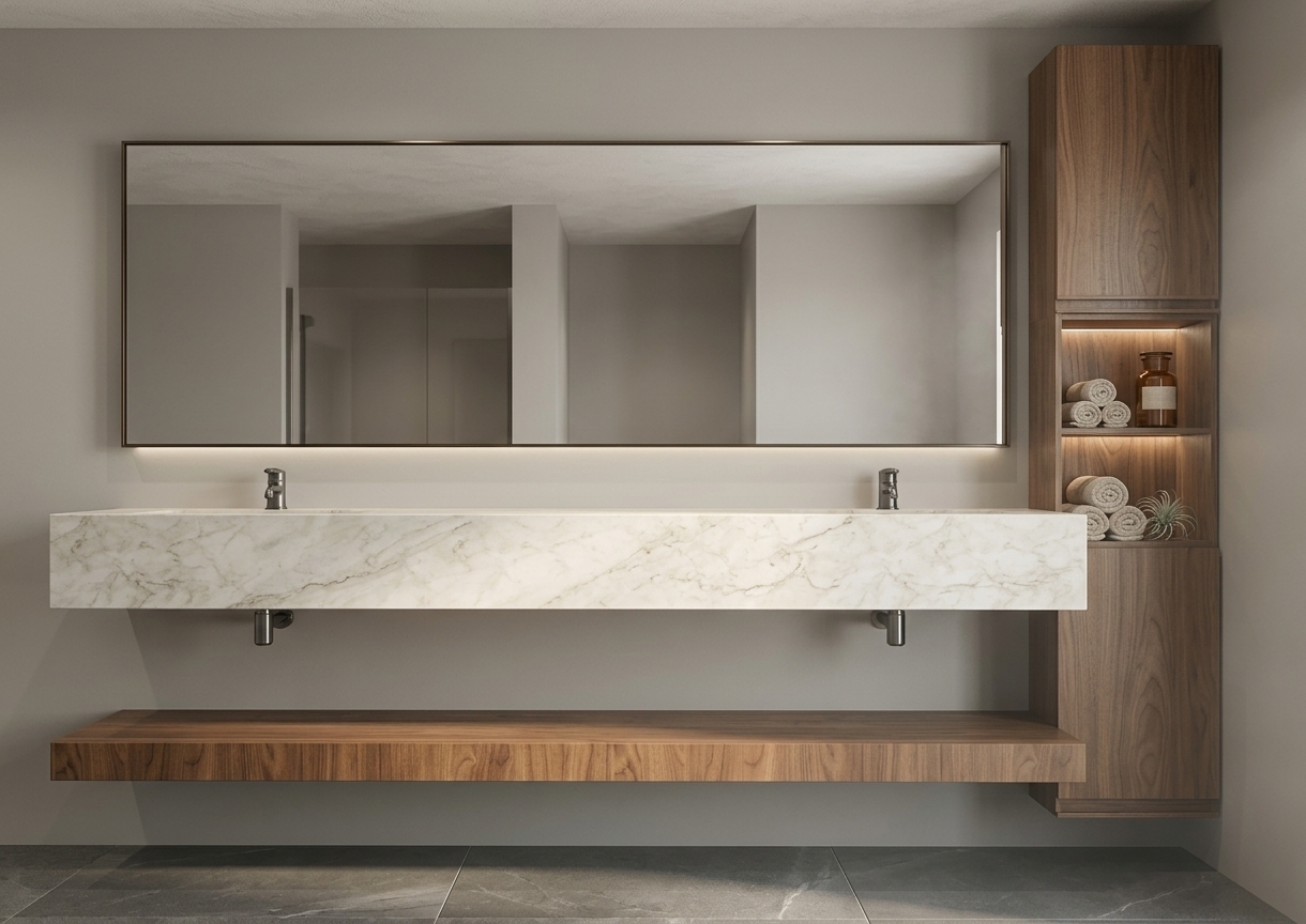 A high-end architectural interior photograph of the modern bathroom vanity scene captured from a straight-on, perfectly leveled eye-level perspective with a professional 35mm tilt-shift lens for straight vertical lines. The wide floating vanity features a thick, honed cream-white marble countertop with organic, delicate warm grey veining and crisp beveled edges, fitted with two sleek modern faucets with a refined matte dark metal finish. Centered above the vanity, the large horizontal mirror presents pristine crystal-clear glass with soft edge reflections and natural optical depth reflecting ambient bathroom light. The lower floating shelf and the tall side storage tower on the right wall are crafted from rich, warm-toned natural wood veneer displaying authentic grain patterns, micro-textures, and a smooth satin luster. The scene is illuminated by warm, indirect architectural lighting and subtle ceiling downlights around 3000K, creating soft ambient occlusion shadows beneath the floating elements and highlighting the gentle texture of the neutral matte-painted background wall. Placed neatly on the spacious marble counter are minimal, elegant bathroom accessories including a sleek soap dispenser and a folded textured linen hand towel, while the floor consists of realistic large-format stone tiles with subtle specular highlights and fine grout lines, delivering an authentic, ultra-sharp interior photography aesthetic.