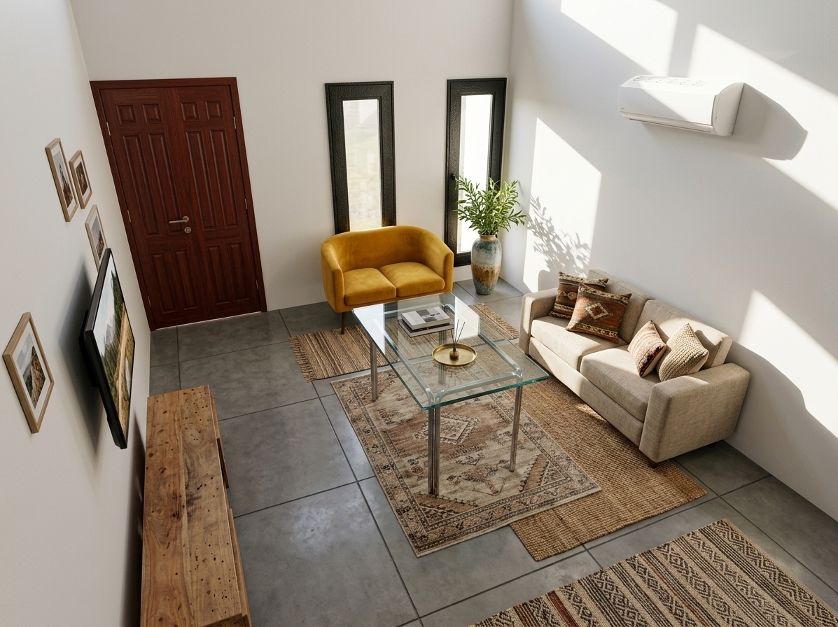 An incredibly lifelike, richly detailed, photorealistic high-angle interior shot of a vibrant bohemian living room oasis set in a sun-drenched modern apartment. The scene is illuminated by radiant daylight pouring in from above and casting bold, geometric shadows across pristine white walls, creating an inviting, warm, and free-spirited atmosphere. Captured with a wide-angle 24mm prime lens, emphasizing the rich interplay of tactile textures, from the sleek concrete tile flooring layered with woven rugs to handcrafted accents throughout. 

A striking mustard-yellow curved loveseat is nestled beneath dual vertical black-framed windows, beside a tall ceramic vase with lush greenery, while a rich mahogany paneled front door grounds the corner. In the center, a clear glass coffee table with polished chrome legs floats elegantly over the floor, reflecting soft interior light and showcasing curated photography books. Along the right, a comfortable neutral-toned sofa is enhanced with earthy, textured cushions beneath a minimalist wall-mounted climate unit. Across the room, a warm raw-wood console table sits beneath a sleek wall-mounted television, perfectly balancing eclectic global charm with clean modern living.