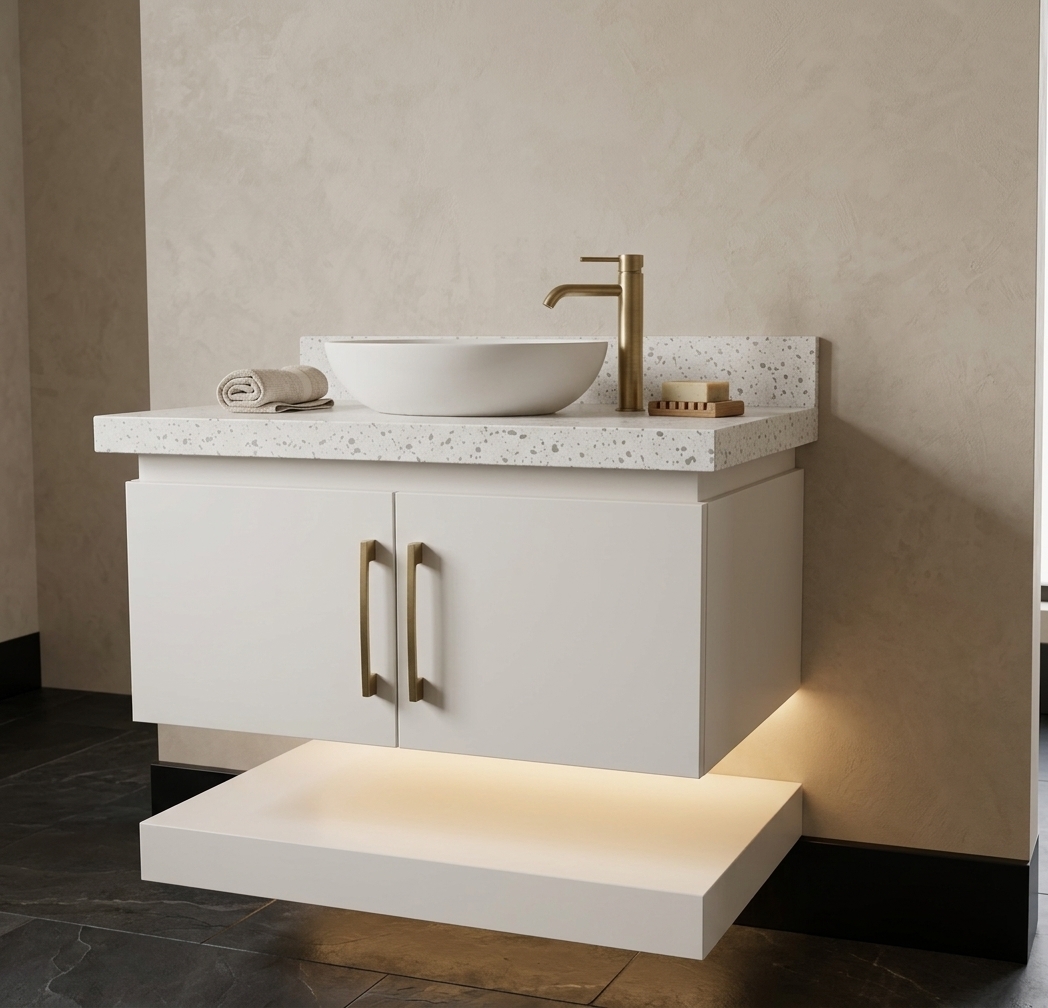 An incredibly lifelike, richly detailed, photorealistic eye-level interior shot of a modern minimalist bathroom vanity unit set in a serene, luxurious bathroom haven. The scene is illuminated by soft, diffuse ambient light paired with warm, concealed LED strip lighting tucked beneath the floating cabinet, creating a warm, tranquil, and sophisticated atmosphere. Captured with a 50mm architectural lens, emphasizing tactile textures and clean lines, the composition highlights the refined contrast between the speckled white terrazzo countertop and backsplash, the satin-smooth matte white cabinetry, and the sleek brushed brass handles and single-lever faucet. The floating two-door vanity seamlessly balances above a lower cantilevered white plinth platform, gracefully interacting with the subtly textured Venetian plaster wall and dark grounding floor to embody pure modern elegance and spatial harmony.