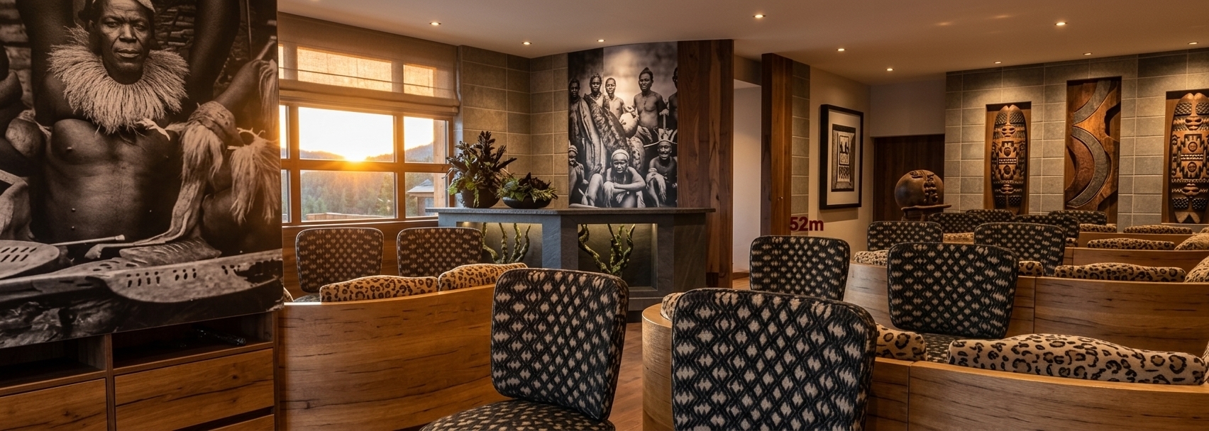 An incredibly lifelike, richly detailed, photorealistic wide-angle interior shot of a luxurious cabin-inspired restaurant set in a secluded alpine mountain escape. The scene is illuminated by the warm, amber glow of a setting sun streaming through the windows alongside ambient recessed ceiling lights, creating an inviting, cozy, and tranquil atmosphere. Captured with a 24mm full-frame architectural lens at f/8, emphasizing the tactile richness of heavy timber textures, rough-cut stone tiles, and intricate upholstery weaves. Arranged in graceful tiers, the sturdy honey-toned wooden banquette booths feature plush leopard-print velvet cushions paired with elegant dark geometric-patterned armchairs. A sleek, stone-topped service credenza anchors the center wall beneath grand black-and-white photographic art panels, while vertical walnut dividers and recessed display niches showcase carved artisanal totems and mountain-inspired artifacts. Rich tones of deep forest green, chocolate brown, and warm neutrals harmonize across the textured slate surfaces, enhanced by the subtle presence of lush indoor plants and a sophisticated aesthetic that epitomizes upscale, rugged hospitality.