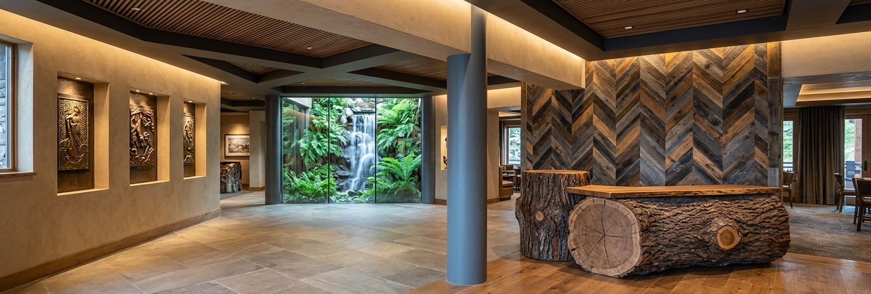 An incredibly lifelike, richly detailed, photorealistic wide-angle interior photograph of a luxurious mountain escape restaurant and lodge entrance set in an alpine sanctuary. The scene is illuminated by a harmonious balance of warm, concealed architectural cove lighting and gentle natural daylight filtering through floor-to-ceiling glass apertures, creating a cozy, rugged, and intimately inviting atmosphere. Captured with a professional 24mm architectural tilt-shift lens, emphasizing tactile timber grains, raw live-edge wood surfaces, textured earthen plaster, and vibrant botanical accents.

On the right, the eye is drawn to a striking feature wall clad in a sophisticated herringbone pattern of reclaimed timber, showcasing a rich palette of weathered charcoal, warm walnut, and golden honey tones. Anchoring this reception zone is a bespoke, sculptural host desk crafted from massive, solid tree trunks—complete with rugged bark textures, exposed natural growth rings on the cross-cut ends, and a beautifully finished natural wood countertop. Overhead, a layered coffered ceiling combines dark recessed soffits with linear slatted wood insets, casting subtle, ambient downward warmth across the space.

To the left, textured warm-sand plaster walls are punctuated by recessed display niches housing intricate, museum-quality carved relief art panels with metallic and earthy bronze finishes, each illuminated by precise, soft spotlighting. The floor transitions smoothly from large-format, matte-honed stone tiles laid on a diagonal to warm hardwood planks beneath the reception counter. A smooth, cylindrical slate-grey column provides a sleek, modern architectural anchor that balances the rustic elements.

In the deep background, a magnificent floor-to-ceiling illuminated glass atrium showcases a cascading mountain waterfall framed by dense, lush emerald ferns and native alpine greenery, infusing the space with a tranquil biophilic energy. Reflections on polished surfaces, deep natural shadows, and the interplay between rugged organic textures and clean modern lines evoke the ultimate high-end mountain retreat aesthetic.