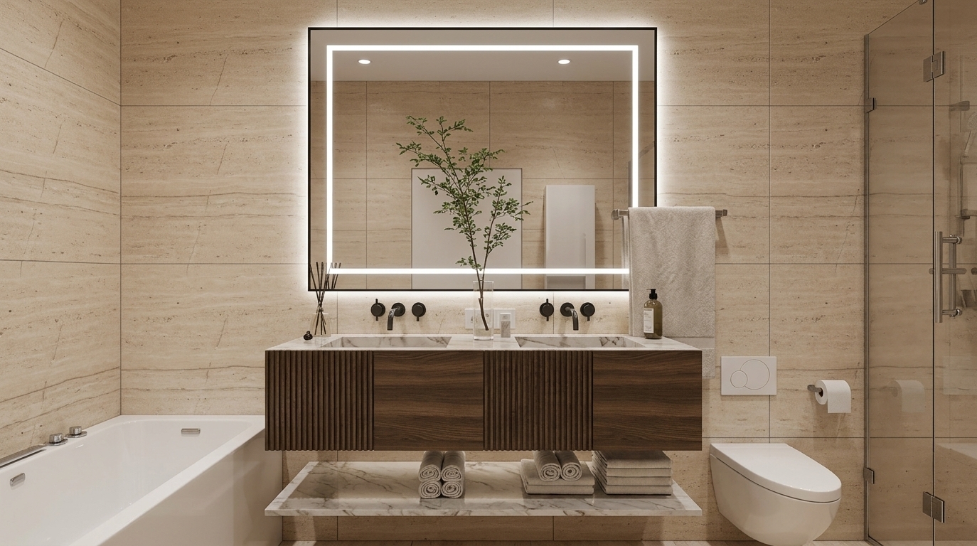 An incredibly lifelike, richly detailed, photorealistic eye-level interior shot of a contemporary luxury bathroom set in a tranquil, minimalist residence. The scene is illuminated by crisp, integrated LED backlighting around the smart mirror and soft recessed spotlights, creating a serene, modern, and high-tech atmosphere. Captured with a 35mm architectural lens, emphasizing the linear veining of the warm travertine tile walls, the deep fluted texture of the dark floating vanity, and the pristine surfaces of the white ceramic soaking tub and wall-hung toilet. A delicate indoor leafy branch in a clear glass vase sits gracefully on the marble countertop, paired with matte black wall-mounted fixtures, plush rolled towels on the lower shelf, and a seamless glass shower partition, perfectly blending streamlined elegance with a digital Zen aesthetic.