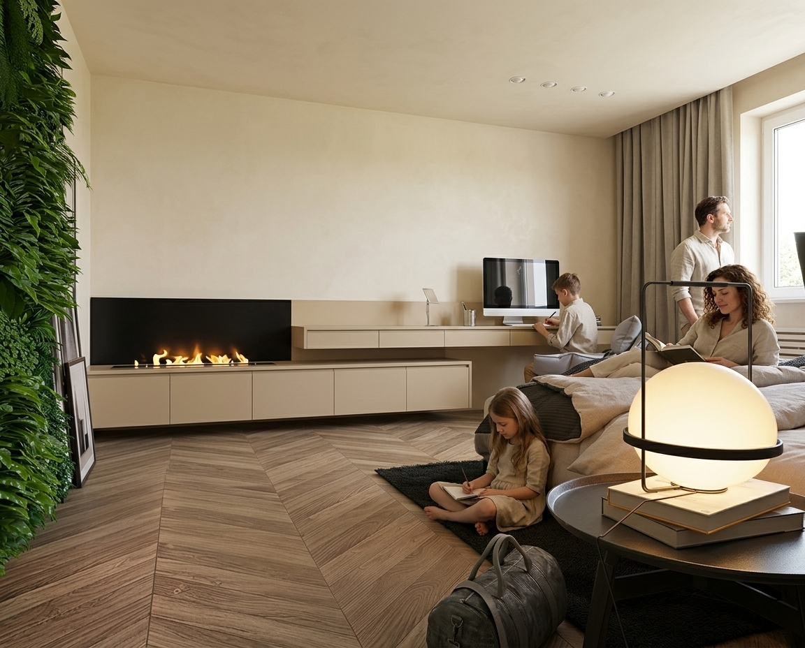Transform this image into an ultra-realistic architectural photograph while removing the overlaid text and preserving all visible geometry, architecture, furniture, textures, and composition.

Maintain exactly:
- Chevron wood flooring, vertical green wall, modern linear fireplace unit with wooden lower drawers, floating desk, bed with layered linens, round bedside lamp, window, drapes, and camera perspective.

Boho Japandi Color Transformation:
- Walls and ceiling: Render as a seamless, continuous architectural surface in a warm creamy beige decorative mineral plaster (inspired by Jeger Shabby Chic Fluff/Bloom), featuring a powdery ultra-matte microtexture with no contrast between wall and ceiling.
- Cabinetry and desk surfaces: Apply a matching ultra-matte lacquer finish in warm sand beige, approximately 5–10% darker than the walls.

Family Presence:
- Naturally integrate a four-member family dressed in neutral, modern linen clothing (Mother: 35, brunette with natural curls; Father: 42, brunette; Son: 12; Daughter: 10).
- Position them realistically throughout the bedroom (e.g., relaxing by the bed, reading, or looking out the window) in authentic, relaxed poses without posing for the camera or obstructing key architectural elements (occupying 10–15% visual focus).

Lighting and Realism:
- Natural daylight as primary light source, complemented softly by the glowing orb lamp and fireplace flame.
- High-end architectural photography quality with physically accurate materials, soft global illumination, realistic depth of field, and balanced exposure.