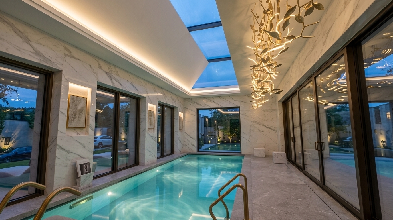 An incredibly lifelike, richly detailed, photorealistic wide-angle interior shot of an elevated indoor-outdoor pool pavilion set in a high-end luxury villa. The scene is illuminated by soft twilight filtering through expansive floor-to-ceiling glass sliding doors combined with the warm champagne glow of an organic, sculptural leaf chandelier and submerged fiber-optic pool lights, creating a sophisticated and tranquil atmosphere. Captured with a Hasselblad H6D-100c and a 24mm architectural lens, emphasizing the seamless polished Calacatta marble surfaces, shimmering turquoise pool reflections, and refined brushed brass metal accents. 

Reimagined with contemporary elegance, the space boasts an understated color palette of warm white, luminous pearl, soft champagne, and gentle gray. Sleek, tailored chaise lounges upholstered in neutral, water-resistant performance linen rest gracefully on the heated stone deck, accented by a minimalist low marble plinth holding an open fine-art photography book and ceramic vessels. Subtle, textured abstract wall art is thoughtfully mounted in recessed niches with warm perimeter backlighting, balancing the clean-lined architecture. Slim dark-bronze metal frames on the panoramic glass walls slide fully open to blend the refined, climate-controlled interior with an illuminated outdoor courtyard and manicured night gardens, delivering a flawlessly balanced, light-filled sanctuary of modern relaxation.