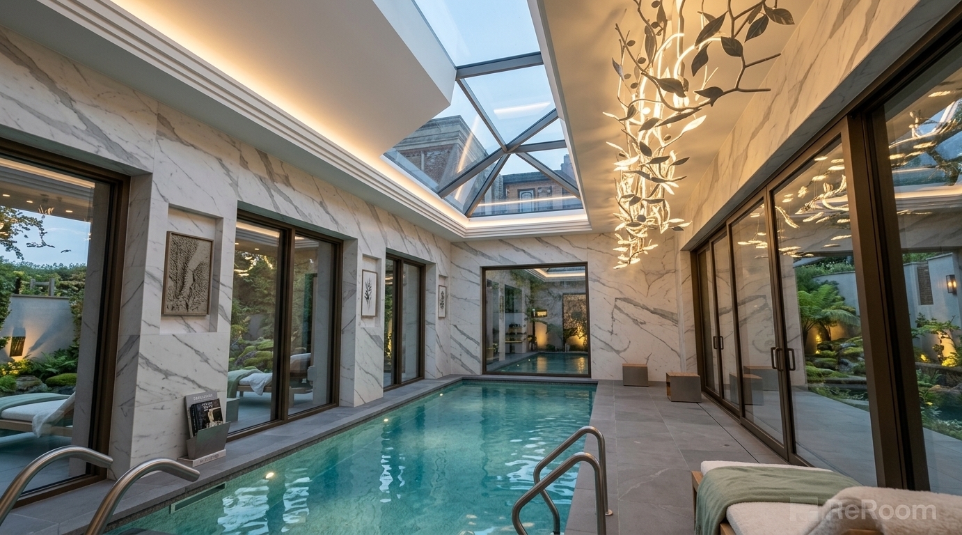 An incredibly lifelike, richly detailed, photorealistic wide-angle interior shot of a Scandinavian sanctuary pool wellness pavilion set in an airy, tranquil private retreat. The scene is illuminated by gentle ambient dusk pouring through an angular glass skylight and reinforced by soft, warm cove perimeter lighting alongside a glowing sculptural botanical chandelier, creating a serene, minimalist, and hygge-inspired atmosphere. Captured with a 24mm prime architectural lens at eye level, emphasizing the organic veining of bookmatched white marble walls, the matte texture of non-slip gray limestone pavers, and shimmering turquoise water ripples. 

The space features floor-to-ceiling bronze-framed glass sliding panels opening directly to lush, subtly lit outdoor greenery and an extended lap pool. Built-in wall niches house illuminated nature-inspired art reliefs and curated hardcover photography books on minimalist ledges. Along the pool's deck, streamlined natural oak and matte metal loungers draped in plush off-white and soft sage green textiles create a calm, restful ambiance, balancing crisp Nordic minimalism with organic, restorative luxury.