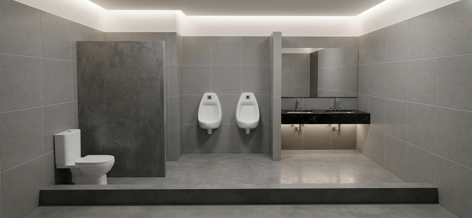 A photorealistic architectural photograph capturing the exact commercial bathroom layout shown, featuring light grey porcelain wall tiles with fine grout lines and a smooth, matte grey cement floor with subtle surface variations. The floating vanity is made of polished black onyx stone with subtle natural veining, holding dual undermount sinks with chrome fixtures reflecting in the rectangular wall mirror. White ceramic sanitary fixtures, including the toilet and two wall-hung urinals, feature glossy glaze reflections and accurate contact shadows. The scene is illuminated by soft, recessed ceiling lighting creating a neutral, balanced ambiance, captured with a clean wide-angle architectural lens emphasizing realistic textures and crisp structural details.
