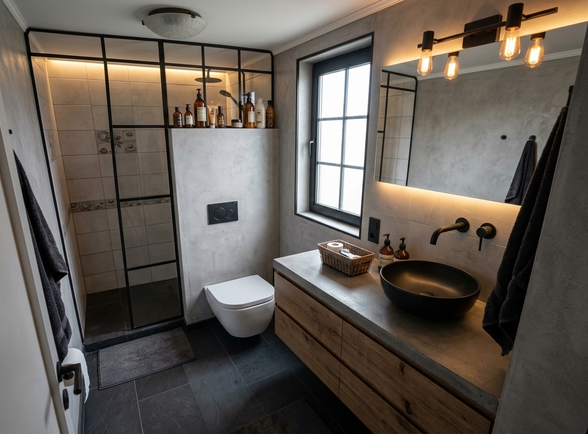 An incredibly lifelike, richly detailed, photorealistic wide-angle interior shot of a chic industrial loft bathroom set in a modern urban residence. The scene is illuminated by ambient, warm backlighting behind a large circular mirror paired with subtle, diffuse daylight pouring through a black-framed window, creating a serene, sophisticated, and moody atmosphere. Captured with a full-frame 24mm architectural lens, emphasizing the tactile textures of exposed microcement walls, dark charcoal slate tile floors, and sleek matte-black metal finishes. 

In this reimagined layout, the bulky washing machine and pedestal basin are replaced by an expansive floating vanity crafted from rich, weathered oak and topped with a solid cast-concrete countertop, proudly supporting a minimalist matte-black vessel sink with wall-mounted fixtures. The shower area is completely opened up, swapping the dated curtain and partial tile wall for a seamless, Crittall-style black steel-framed glass partition with a luxury rainfall shower system. A sleek, wall-hung toilet creates a floating effect that visually expands the room, while minimalist black hardware, warm LED cove lighting, and amber glass soap dispensers bring curated, high-end loft sophistication to the entire space.