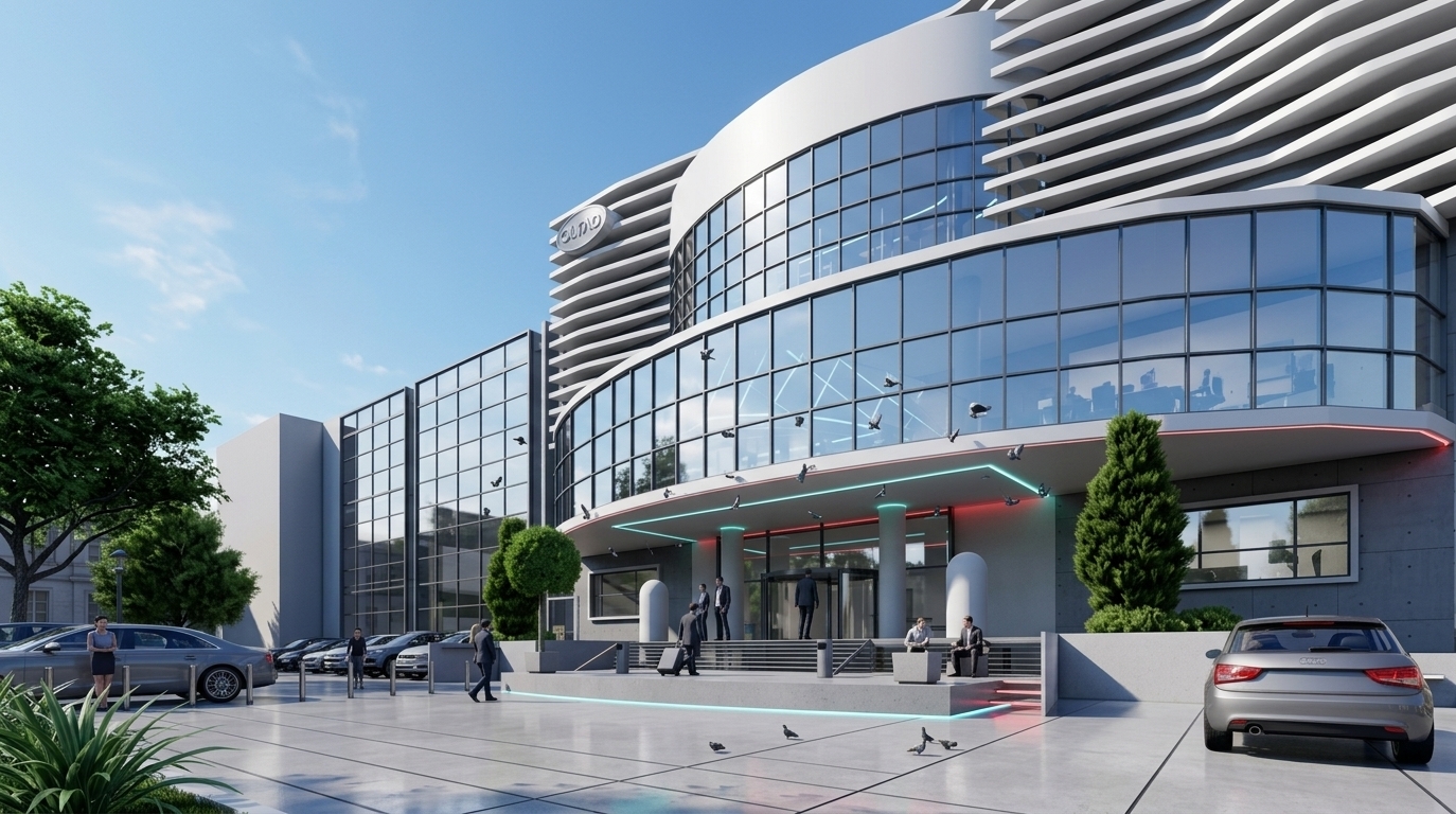 An incredibly lifelike, richly detailed, photorealistic wide-angle exterior shot of a futuristic corporate headquarters set in a sleek, modern urban plaza. The scene is illuminated by bright, clear midday sunlight creating crisp geometric shadows and brilliant, specular reflections across the sweeping curved glass curtain wall, evoking an innovative and tranquil digital-zen atmosphere. Captured with a high-end full-frame camera and a 24mm tilt-shift architectural lens, emphasizing the smooth texture of the white aerodynamic parametric louvers, polished concrete plaza tiles, and pristine reflective glazing. The building's streamlined, futuristic silhouette harmonizes cool grays and pure whites with vibrant neon-tinted cyan and red entrance accents, framed by manicured modern greenery, parked luxury vehicles, and business professionals seamlessly entering the uncluttered, high-tech glass atrium.
