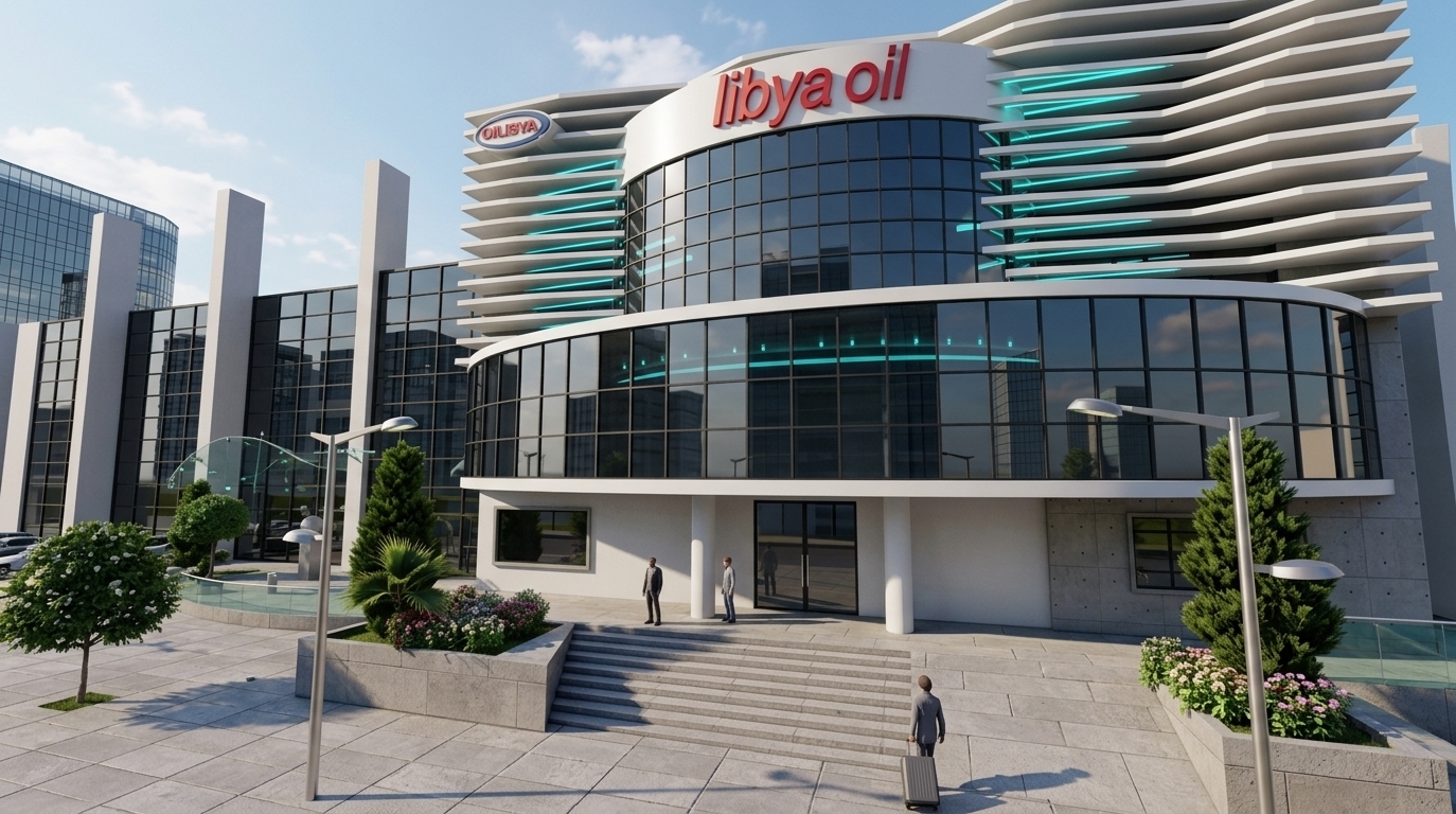 An incredibly lifelike, richly detailed, photorealistic wide-angle exterior shot of a contemporary commercial headquarters set in a modern urban corporate plaza. The scene is illuminated by bright afternoon sunlight and a clear sky with scattered clouds, creating a crisp, dynamic, and professional atmosphere. Captured with an ultra-wide tilt-shift architectural lens, emphasizing the reflective multi-pane curtain walls, smooth fair-faced concrete panels, and flowing white aerodynamic facade louvers. 

The building's grand entryway is defined by a sweeping curved glass rotunda crowned with vibrant red signage, accented by glowing cyan light installations and a translucent cantilevered glass canopy. A wide, minimalist stone plaza paved with textured modular slabs leads up broad steps to the reception, neatly flanked by sleek geometric planters blooming with lush greenery and flowers. Modern linear streetlights, glass balustrades, and subtly framed figures entering the building contribute to a polished, high-tech, and tranquil corporate setting.