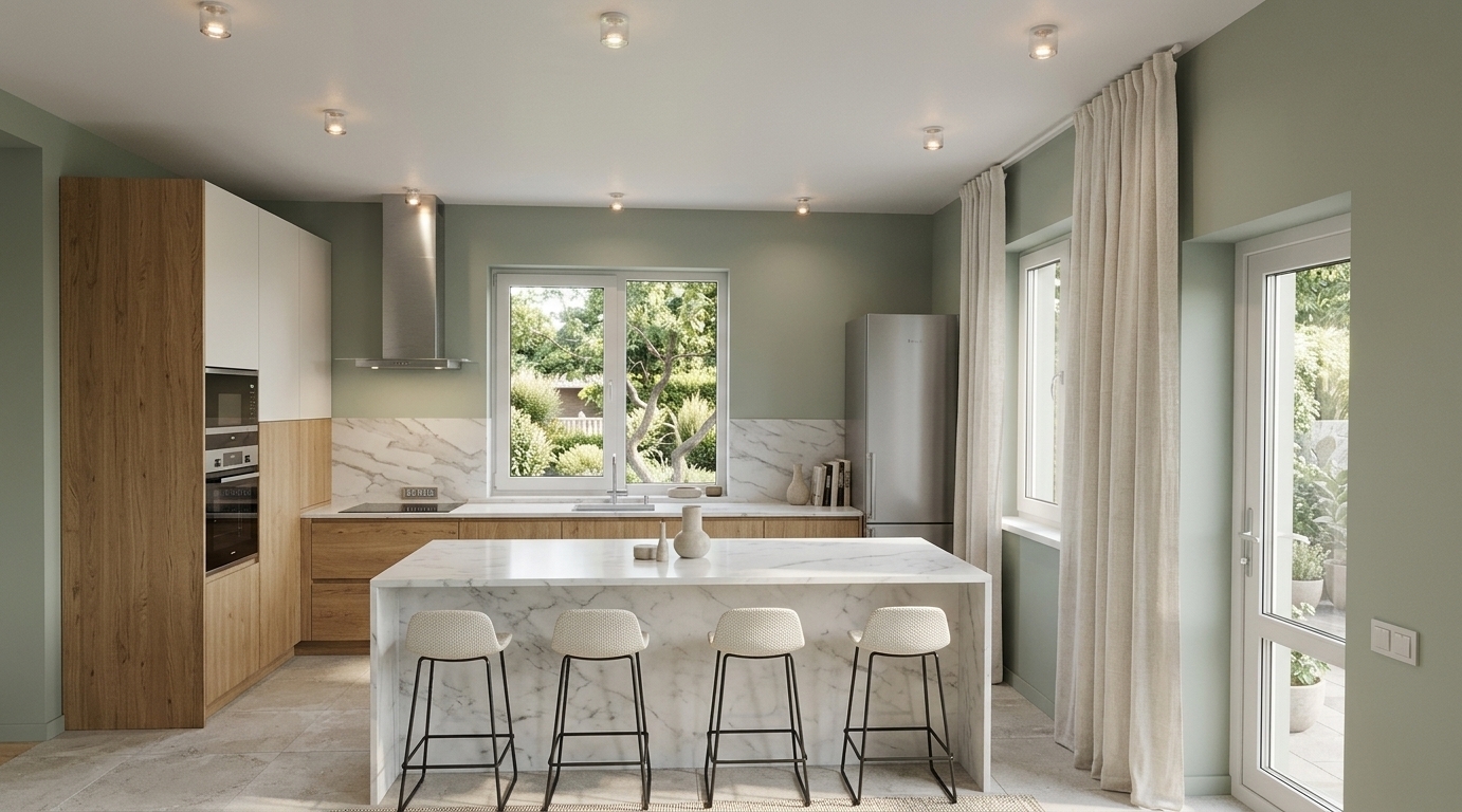 An incredibly lifelike, richly detailed, photorealistic eye-level wide shot of an elegant kitchen set in a serene Scandinavian sanctuary residence. The scene is illuminated by abundant, soft natural daylight filtering through large garden-facing windows complemented by warm, recessed ceiling spotlights, creating a calm, airy, and invitingly sophisticated atmosphere. Captured with a professional full-frame camera using a 24mm architectural tilt-shift lens, emphasizing the delicate veining of the white marble waterfall kitchen island, the organic texture of warm natural oak cabinetry, and the soft folds of floor-to-ceiling linen curtains. In the foreground, four minimalist off-white barstools with sleek metal frames tuck neatly under the expansive island counter, which is adorned with subtle ceramic vases. Behind the island, sleek flat-panel base cabinetry with a matching marble backsplash runs seamlessly along the wall, complemented by modern integrated appliances, a brushed stainless steel chimney hood, and a standalone refrigerator set against tranquil, muted sage-green walls that harmonize with the lush garden views framed through the crisp white windows.