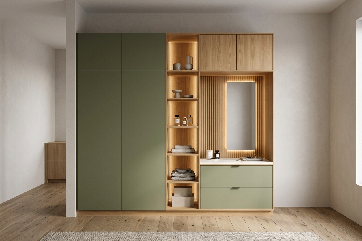 An incredibly lifelike, richly detailed, photorealistic eye-level interior shot of a bespoke wardrobe system set in a serene, minimalist walk-in closet haven. The scene is illuminated by warm, concealed linear LED strip lighting seamlessly integrated beneath the oak shelving and framing a polished vanity mirror in the open alcove, creating an intimate, sophisticated, and tranquil atmosphere. Captured with a 35mm architectural lens, emphasizing the tactile vertical grain of natural oak, silky matte olive-green cabinetry, and a pristine white quartz countertop styled with minimalist ceramic accents, luxury perfume flacons, and neatly organized wardrobe essentials, all culminating in an impeccably organized contemporary dressing sanctuary.