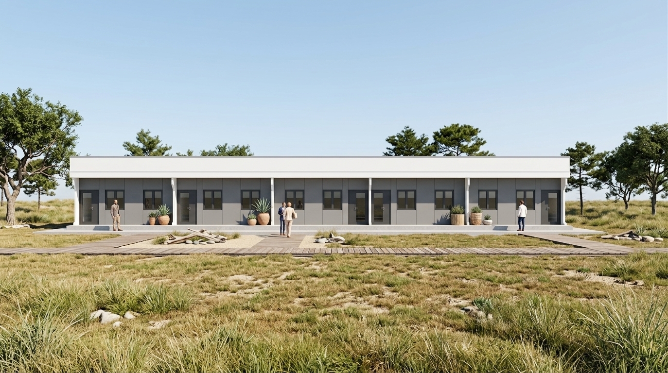 An incredibly lifelike, richly detailed, photorealistic wide elevation architectural shot of a sleek, single-story coastal residential complex set in an expansive, sunlit open landscape. The scene is illuminated by bright, clear midday sunlight beneath a cloudless sky, creating an airy, light, fresh, and sun-kissed atmosphere filled with the feel of a gentle coastal breeze. Captured with a professional full-frame architectural camera and a crisp wide-angle tilt-shift lens, emphasizing the matte gray exterior cladding, sharp white parapet trim, and tinted glass openings framed in deep charcoal. Across the streamlined raised foundation, subtle touches of sandy neutrals, natural wooden textures, and welcoming potted greenery complement the uncluttered, relaxed aesthetic, evoking a perfectly balanced nautical elegance and modern beachfront minimalism fit for a high-end photography book.