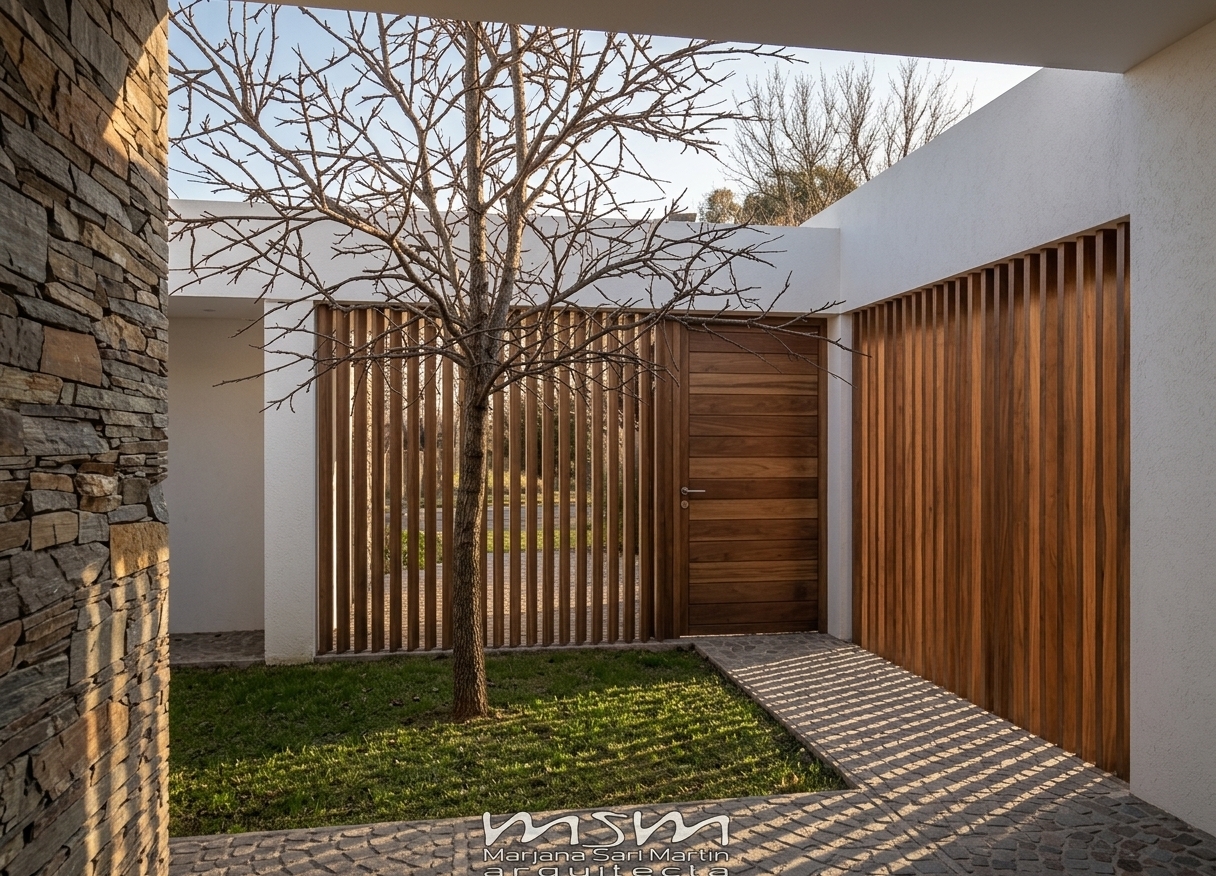An incredibly lifelike, richly detailed, photorealistic wide-angle architectural shot of a minimalist, Zen-inspired outdoor courtyard and patio entrance set within a tranquil modern residence. The scene is illuminated by warm, directional late-afternoon sunlight casting sharp, rhythmic geometric shadows through the bare autumn tree branches and vertical timber louvers, creating an atmosphere of serene, contemplative luxury. Captured with a professional 24mm tilt-shift architectural lens, emphasizing the rich tactile contrast between the rugged stacked stone feature wall, pristine white modernist overhangs, finely grained walnut slatted screens, and textured cobblestone paving surrounding a neat patch of grass framed against a clear sky.