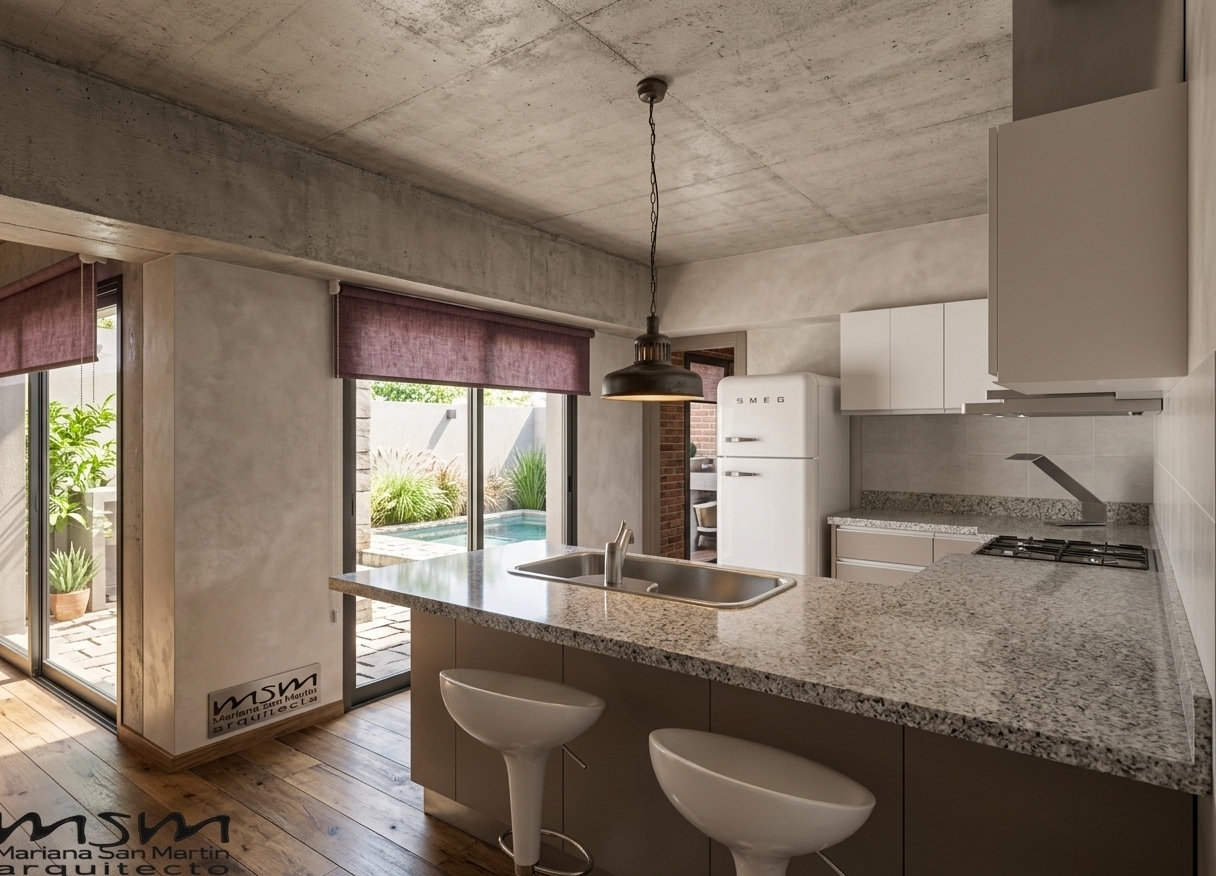 An incredibly lifelike, richly detailed, photorealistic eye-level interior shot of a spacious open-concept kitchen set in an urban industrial loft residence. The scene is illuminated by the soft glow of a suspended industrial pendant fixture and bright natural daylight flooding through large sliding glass patio doors, creating an airy, sophisticated, and warm atmosphere. Captured with a 35mm wide-angle lens, emphasizing the textured polish of the expansive speckled granite countertops, smooth taupe cabinetry, rich wood-grain flooring, and the iconic glossy finish of a retro white SMEG refrigerator. Sleek, sculptural white barstools tuck neatly beneath the breakfast island with an integrated undermount sink, leading the eye past minimalist plum-toned valances toward a sunlit outdoor courtyard and private pool, seamlessly uniting rugged architectural charm with chic modern functionality.