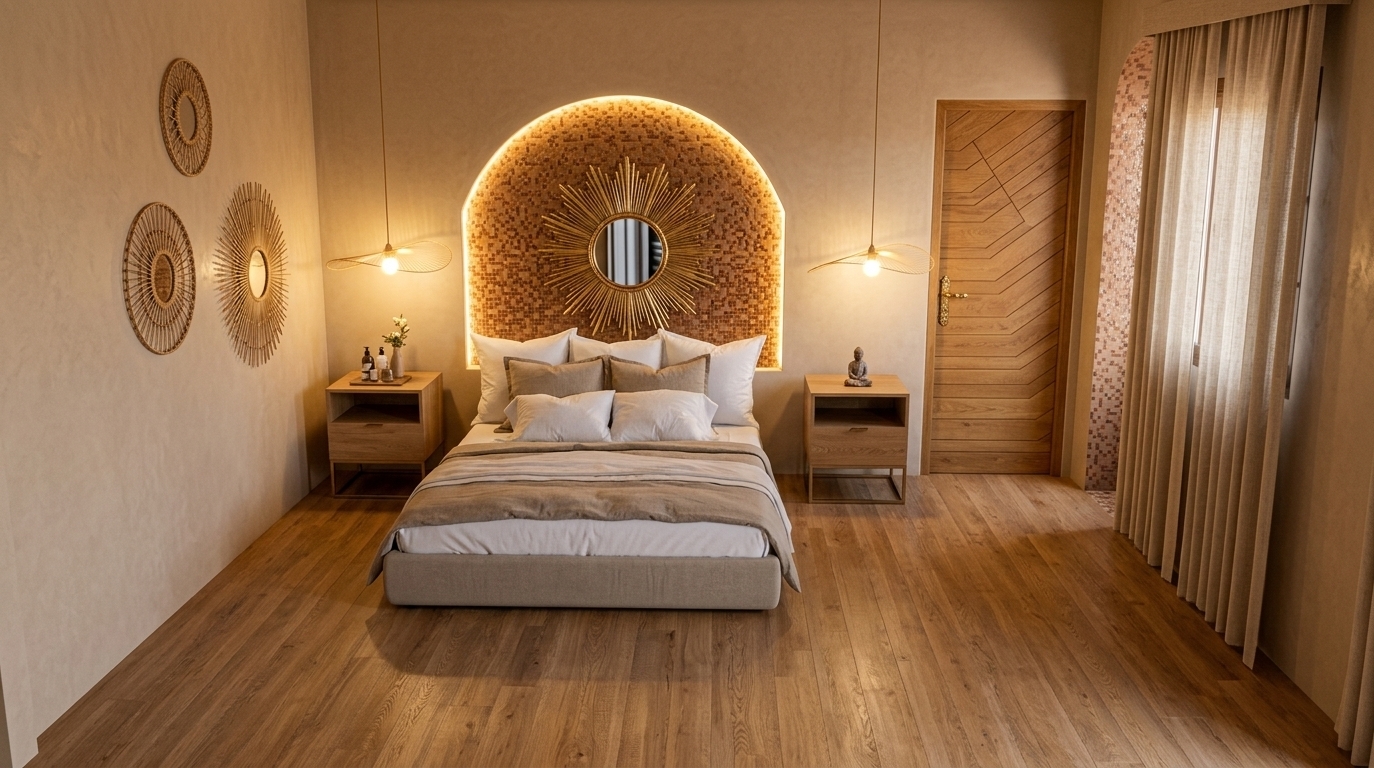 An incredibly lifelike, richly detailed, photorealistic wide-angle architectural rendering of an upscale Moroccan-inspired boutique hotel suite set in a tranquil desert riad. The scene is illuminated by warm, indirect ambient lighting and soft, luminous backlighting behind the arched feature alcove, creating a serene, peaceful, and intimate atmosphere. Captured with a high-end full-frame camera and a 24mm tilt-shift lens, emphasizing the tactile interplay of smooth sand-toned tadelakt plaster walls, handcrafted terracotta and bronze zellige mosaic tilework, and the gentle grain of warm oak flooring. At the center, a low-profile upholstered bed is dressed in crisp white cotton and layered natural taupe linen duvets, crowned by a breathtaking sunburst mirror with crystal-clear reflections within the mosaic arch. Complementing the harmonious earthy palette, matching minimalist oak nightstands, woven rattan wall medallions, flowing linen drapery, and a bespoke geometric-paneled timber door effortlessly blend Moroccan mystique with modern Scandinavian calm.