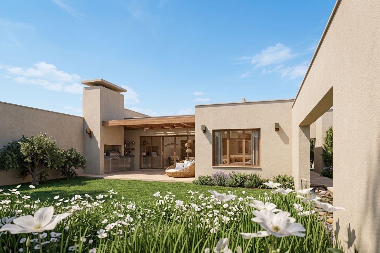 An incredibly lifelike, richly detailed, photorealistic wide-angle eye-level shot of a modern outdoor patio and private garden set in a tranquil Mediterranean retreat. The scene is illuminated by brilliant, warm midday sunlight under a crisp azure sky with soft wisps of clouds, creating an inviting, serene, and sun-soaked atmosphere. Captured with a professional 24mm tilt-shift architectural lens, emphasizing the fine, tactile texture of the sandstone-beige stucco walls, the rich grain of the natural timber pergola, and the deeply layered, lifelike vegetation. In the foreground, delicate white wildflowers and lush, vibrant blades of grass add organic depth and realism, guiding the eye across a manicured lawn toward a shaded outdoor kitchen with an integrated barbecue, modern woven rattan lounge seating, and expansive sliding glass doors that frame a seamless transition between indoor and outdoor living.