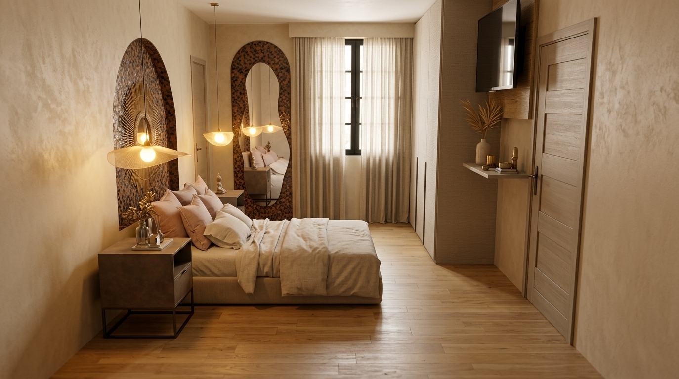 An incredibly lifelike, richly detailed, photorealistic wide-angle interior photograph of an intimate luxury hotel suite set in a serene, Moroccan mystique-inspired boutique riad. The scene is illuminated by gentle morning light filtering through textured floor-to-ceiling linen drapery, complemented by the warm, golden ambiance of glowing pendant fixtures, creating an undeniably peaceful, meditative atmosphere. Captured with a 24mm tilt-shift architectural lens, emphasizing tactile textures such as earthy cream tadelakt plaster walls, meticulously laid terracotta and bronze zellige mosaic tile arches, and the clean, crystal-clear reflections in the arched full-length mirror. A cohesive palette of oatmeal linens, desert neutrals, and honey-toned natural oak woodwork brings perfect harmony to the room, crafting a sophisticated, calming oasis of refined comfort.