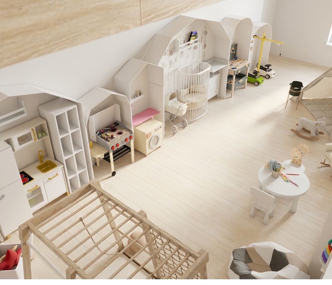 A bright interior photograph of the playroom during a sunny summer midday, captured from the exact high-angle perspective. Crisp, warm natural daylight floods the room, casting soft realistic shadows across the pale wooden flooring and white house-shaped wall units. Surfaces feature authentic micro-textures, including smooth matte paint on the play kitchen and furniture, subtle natural grain on the climbing ladder, tactile fabrics on the bean bag, and delicate specular reflections on plastic and metal toy accessories. The exposure is balanced with clean architectural lens sharpness, natural ambient occlusion under the furniture, and realistic summer light distribution throughout the space.