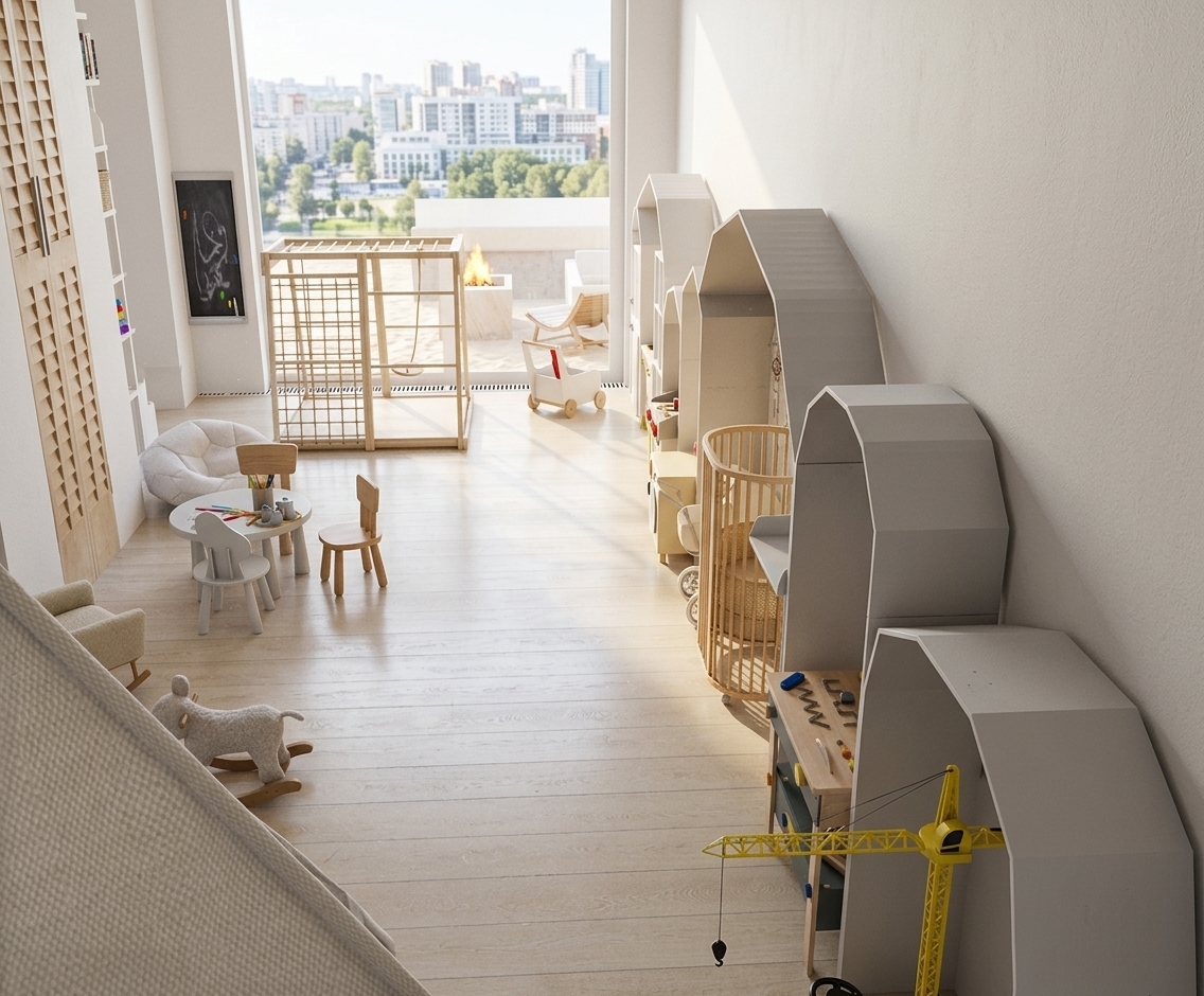 High-angle photograph of the sunlit children's playroom during a bright summer midday, capturing the scene with realistic natural daylight streaming through the large rear window. The space is illuminated with crisp 5500K sunlight and soft ambient fill, casting gentle shadows across the pale wooden floor and white house-shaped play units. Surfaces exhibit authentic micro-textures, including smooth matte paint, subtle wood grain, tactile fabric on the rocking sheep, and light chalk residue on the blackboard. Rendered with sharp lens clarity, natural depth, balanced highlights, and subtle photographic grain while precisely maintaining the original composition, geometry, and object placement.