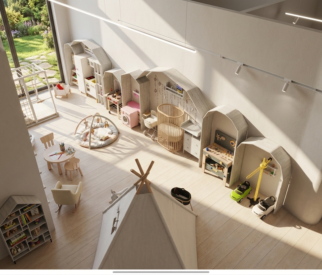 A bright, photorealistic high-angle photograph of the modern children's playroom, illuminated by crisp midday summer sunlight streaming through the large glass doors to create soft, natural shadows across the light wood floor. The exact layout, geometry, and furnishings are preserved with realistic material textures, including the woven cotton canvas of the teepee, smooth matte painted surfaces on the house-shaped wall alcoves, fine wood grain on furniture, and authentic plastic finishes on the toys. Shot with a sharp architectural wide-angle lens, the scene features balanced warm color temperature, accurate ambient occlusion, subtle atmospheric dust motes in the sunbeams, and gentle lens depth for an authentic photographic feel.