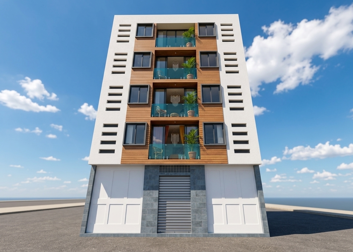 An incredibly lifelike, richly detailed, photorealistic low-angle architectural shot of a contemporary multi-story bohemian residential building set in a sun-drenched urban environment during a clear spring day. The scene is illuminated by brilliant midday sunlight cutting through a vivid azure sky dotted with wispy cumulus clouds, creating a warm, vibrant, and free-spirited atmosphere. Captured with a professional 24mm tilt-shift architectural lens, emphasizing the rich contrast between pristine white textured stucco, warm horizontal timber siding, glistening blue mosaic wall tiles, and translucent teal glass railings. Each central balcony showcases lush potted greenery behind vibrant deep teal balustrades, framing full-height sliding glass doors that offer subtle glimpses of curated, eclectic interiors adorned with rattan furniture, woven macrame, and hints of warm rust and mustard bohemian textiles. Flanking the balconies, crisp dark-framed windows and rhythmic horizontal ventilation slits punctuate the exterior walls, while the ground level features a detailed, slate-grey tiled portal with a closed security shutter flanked by clean white panels, completing a beautifully composed scene worthy of a high-end architectural photography book.