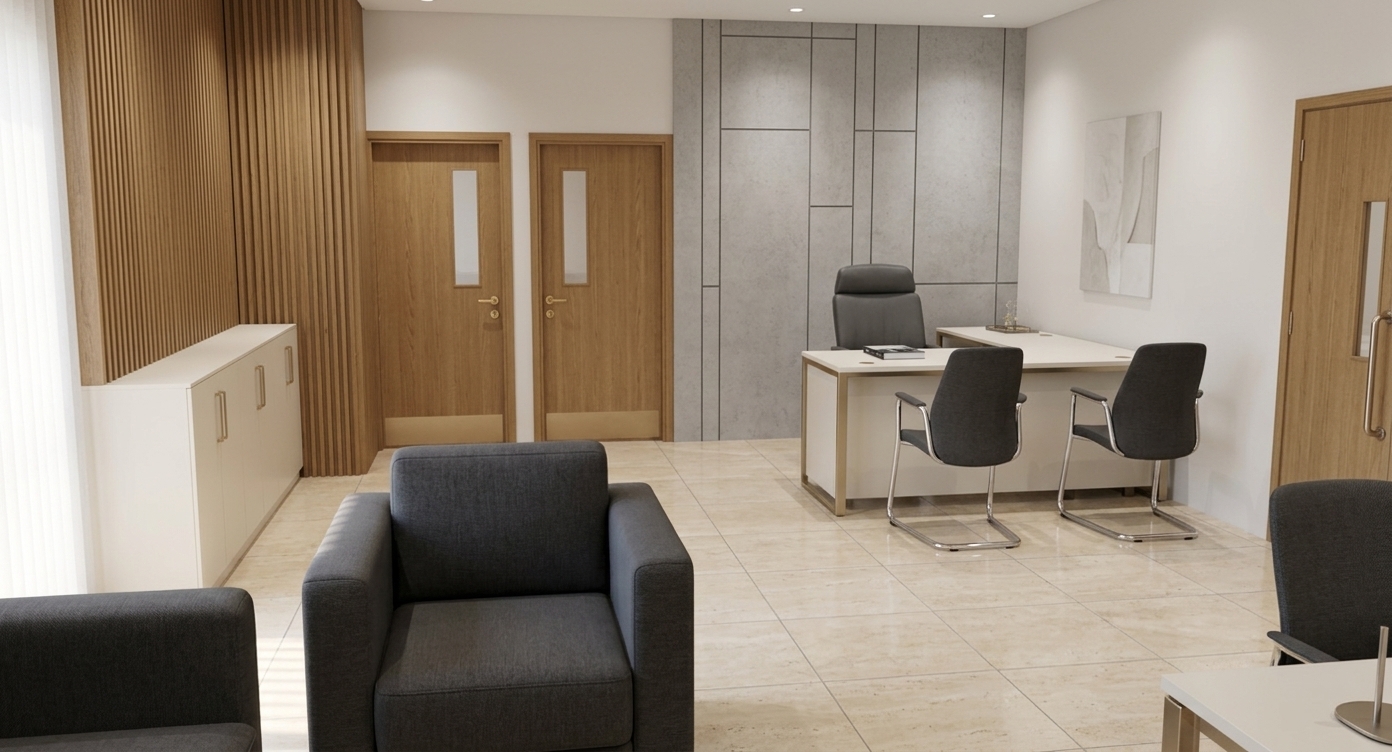 An incredibly lifelike, richly detailed, photorealistic wide-angle interior photo of a refined executive office set in an upscale contemporary corporate building. The scene is illuminated by bright midday summer sunlight filtering through sheer blinds alongside recessed architectural spotlights, creating a sophisticated, airy, and balanced atmosphere. Captured with a 24mm architectural lens, emphasizing smooth polished travertine stone floor tiles, fine fabric grains on tailored upholstered furniture, and sleek slim metal accents. 

In the foreground, comfortable, tailored lounge armchairs in understated deep charcoal anchor the space, leading the eye toward a clean-lined executive workstation finished in pearl and champagne tones with polished chrome frames. An elegant high-back executive chair is paired with matching cantilever guest chairs, while a sleek photography book rests neatly atop the desk. The back wall showcases a sophisticated feature wall of geometric soft gray concrete panels next to warm oak doors, complemented by minimalist low cabinetry and abstract wall art that completes this light-filled, impeccably styled professional environment.