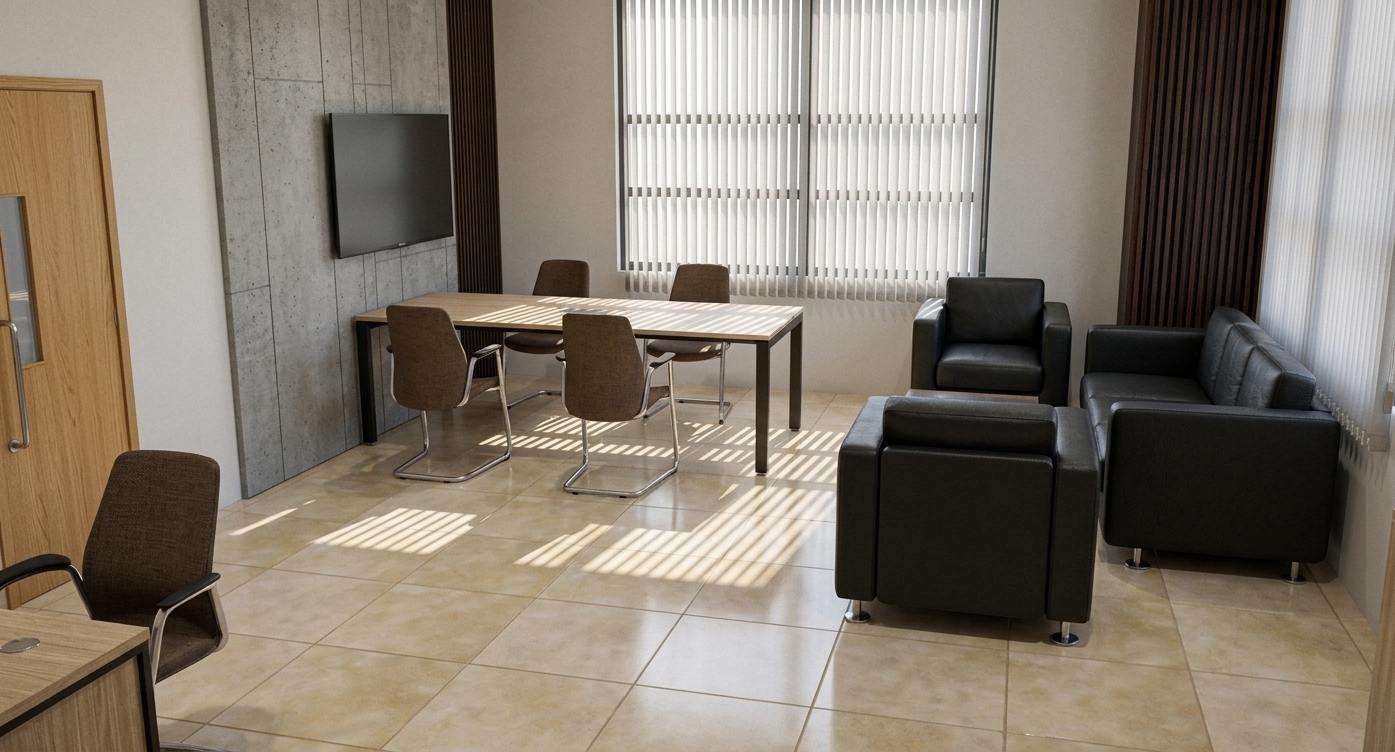 A bright architectural photograph of the office space under crisp, high-angle midday summer sunlight filtering through the vertical blinds, casting sharp linear shadow patterns across the semi-gloss beige floor tiles. The exact composition and geometry are preserved, showcasing authentic material textures: the concrete panel accent wall, a matte anti-glare television screen, brushed metal and fabric conference chairs, subtle leather texture on the dark lounge seating, and natural wood grain on the door. Captured with a professional wide-angle lens, the scene features balanced natural daylight illumination, realistic ambient bounce, subtle surface micro-reflections, and faint photographic grain.