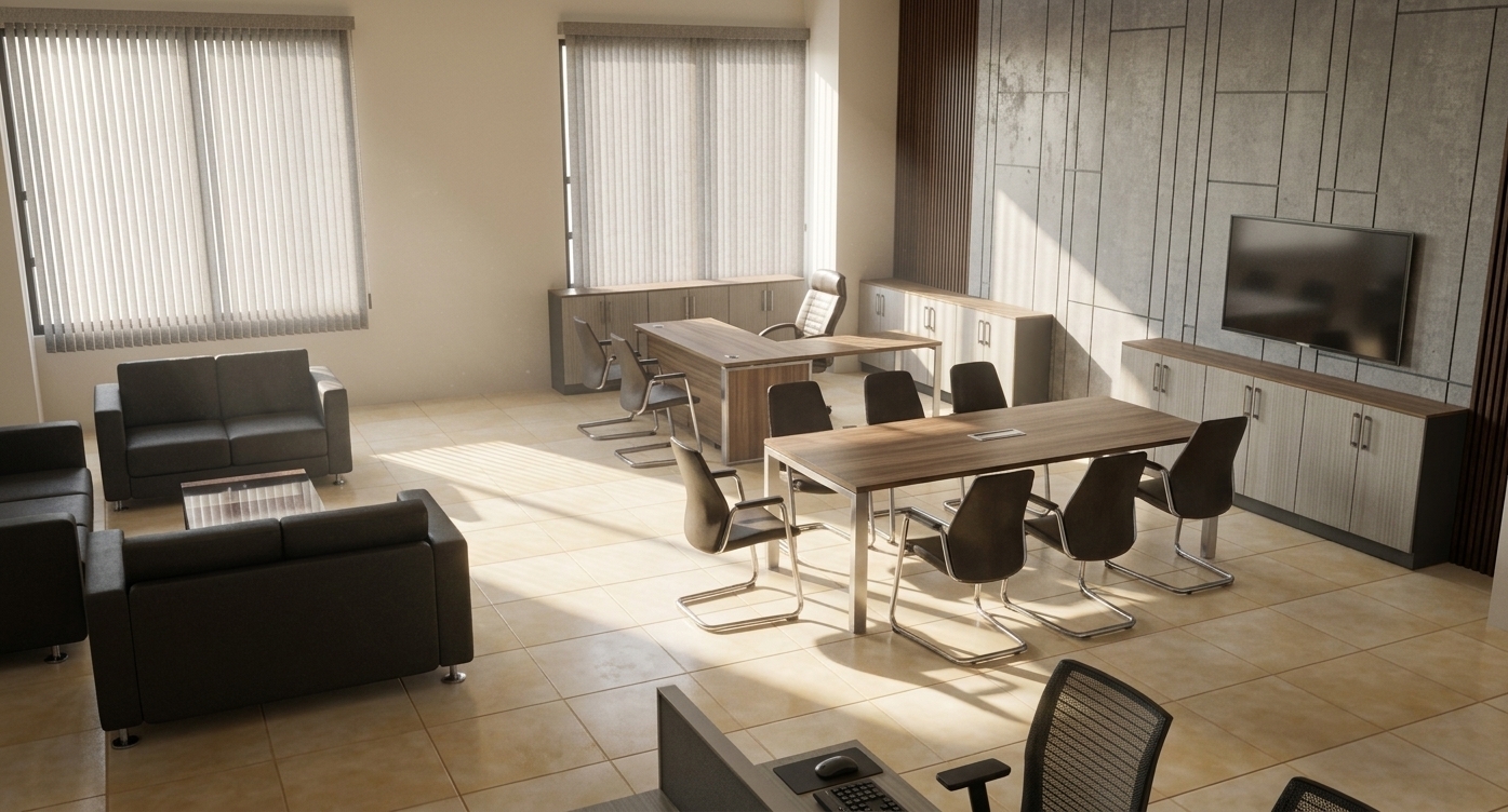 A high-angle architectural photograph of the modern office interior bathed in bright, warm midday summer sunlight streaming through vertical window blinds, casting crisp, patterned shadows across the beige ceramic tile floor. The scene retains the exact layout, featuring realistic matte laminate conference and executive desks with brushed metal legs, textured dark leather sofas, chrome-framed cantilever chairs, and a detailed textured grey concrete accent wall with a wall-mounted screen. Natural light highlights fine surface micro-textures, gentle reflections on polished surfaces, subtle material imperfections, and a balanced indoor ambient exposure captured with a clean wide-angle architectural lens.
