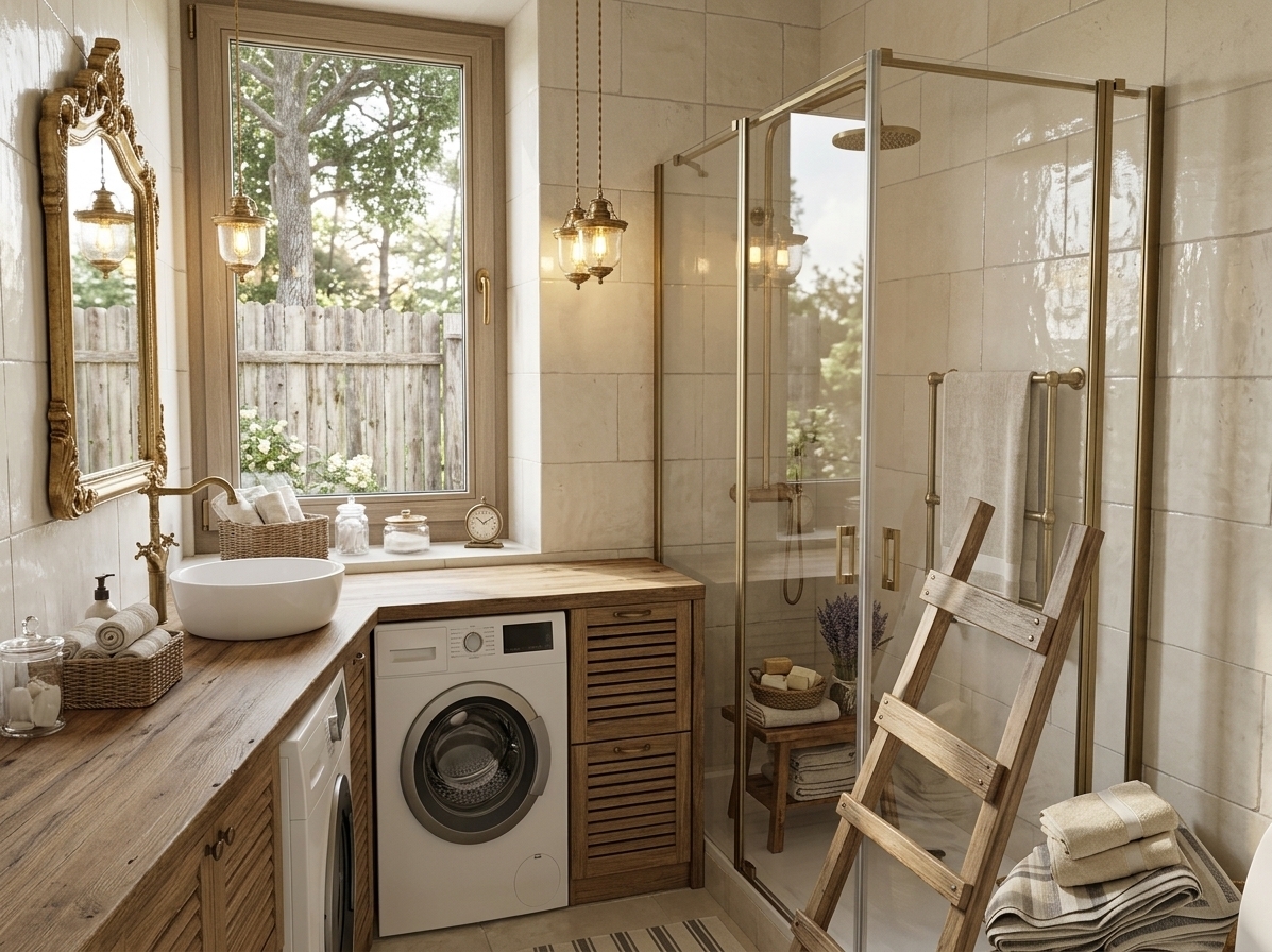 An incredibly lifelike, richly detailed, photorealistic wide-angle interior shot of a fully finished bathroom imbued with elegant French country charm, set in a cozy rustic residence. The scene is illuminated by soft, natural morning daylight filtering through the framed window and warm, golden glows from vintage-style pendant chandeliers suspended by long woven drop-cables above the vanity, creating an inviting, tranquil, and timeless atmosphere. Captured with a professional 28mm wide-angle lens, emphasizing the tactile textures of handcrafted glazed ceramic tiles, distressed warm oak, and smooth matte-painted walls in a soothing provincial cream palette. To the right of the window, a sophisticated walk-in shower cabin is enclosed by sleek clear glass with aged brass hardware, featuring walls clad in glistening zellige-style tiles that reflect the daylight. Spanning the entire wall to the left of the window is a continuous, solid reclaimed-timber countertop; nestled neatly beneath it near the window is a modern, integrated front-loading washing machine, seamlessly accompanied by built-in slatted laundry hamper drawers and open shelving styled with woven baskets for bathroom essentials. Resting elegantly atop the wooden counter is a pristine, round porcelain vessel sink paired with an antique brass gooseneck faucet and an ornate French-provincial gilded mirror, seamlessly balancing practical functionality with romantic European elegance.