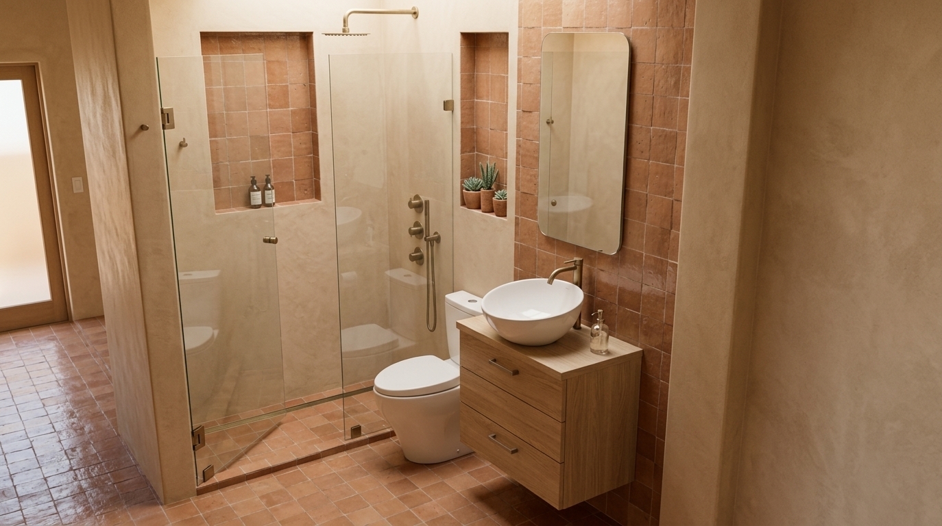 An incredibly lifelike, richly detailed, photorealistic wide-angle interior shot of a serene hotel bathroom set in a luxurious desert retreat. The scene is illuminated by soft, warm morning sunlight cascading gently from above, creating a peaceful, spa-like atmosphere. Captured with a professional full-frame camera and a 24mm architectural lens, emphasizing tactile artisanal textures, seamless transitions, and organic earth tones. 

The space harmonizes earthy handcrafted terracotta zellige tiles across the floor and feature wall with warm, textured sandstone-lime plaster walls. A frameless glass walk-in shower is accented by recessed shower niches and elegant, brushed antique brass fixtures. Beside a sleek modern toilet, a floating light oak vanity with subtle wood grain supports a smooth white porcelain vessel sink and brushed brass faucet, while a perfectly rendered, crystal-clear vertical pill-shaped mirror reflects the balanced, peaceful harmony of this desert sanctuary.