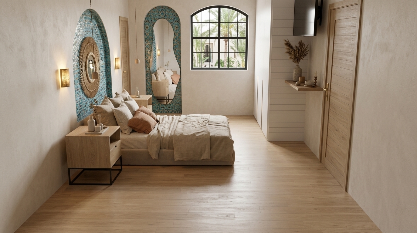 An incredibly lifelike, richly detailed, photorealistic wide-angle interior shot of a serene hotel bedroom suite set in an upscale boutique Moroccan retreat. The scene is illuminated by soft, diffused daylight pouring through the black-framed arched window alongside the warm, ambient glow of artisan wall sconces, creating a tranquil, harmonious, and deeply peaceful atmosphere. Captured with a 35mm architectural lens, emphasizing the tactile textures of matte limewash plaster walls, shimmering handcrafted zellige mosaic tile arches, perfectly clear mirror reflections, and smooth natural wood grain. The plush bed features layers of relaxed organic linen and soft pillows in calming sand and oatmeal tones, perfectly balanced by the matching light-oak nightstand, sleek built-in wardrobe, and minimalist floating vanity shelf with dried botanicals, seamlessly weaving authentic Moroccan mystique with modern luxury.