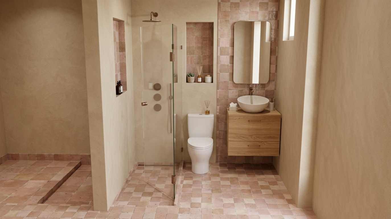 An incredibly lifelike, richly detailed, photorealistic eye-level interior photograph of a serene, bohemian-oasis bathroom set in a sun-drenched Mediterranean coastal home. The scene is illuminated by soft, diffused daylight pouring gently across the surfaces and subtle warm recessed lighting, creating a tranquil, peaceful, and rejuvenating atmosphere. Captured with a high-end 35mm architectural lens, emphasizing the rich textures of handmade artisanal terracotta zellige tiles in variegated blush and clay tones, seamless warm-sand lime plaster walls, finely grained natural oak cabinetry, and refined matte bronze fixtures. 

The balanced layout showcases a frameless glass walk-in shower with built-in tiled niches, positioned neatly beside a sleek ceramic toilet and a floating wood vanity crowned with a sculptural white vessel basin. A beautifully rendered rounded mirror captures crisp reflections of the calming organic finishes, tying the cohesive, earth-toned aesthetic together into an effortless sanctuary of modern wellness.
