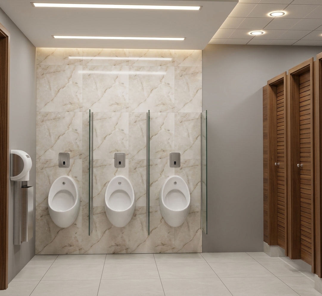 An incredibly lifelike, richly detailed, photorealistic wide-angle interior shot of an executive hotel bathroom set in a high-end luxury resort. The scene is illuminated by subtle midday ambient light mingled with soft, recessed linear and sculptural ceiling lighting, creating a bright, refined, and impeccably sophisticated atmosphere. Captured with a 24mm architectural tilt-shift lens, emphasizing the seamless polished stone surfaces, fine vertical wood grain, and sleek metallic accents. The focal wall features a floor-to-ceiling slab of veined pearl and champagne marble housing three modern, wall-mounted porcelain urinals with sensor flushes and slender glass privacy dividers. To the right, clean-lined stall enclosures in rich warm timber provide balanced contrast against soft gray adjacent walls and large-format porcelain floor tiles, resulting in an airy, understated, and timelessly elegant aesthetic.