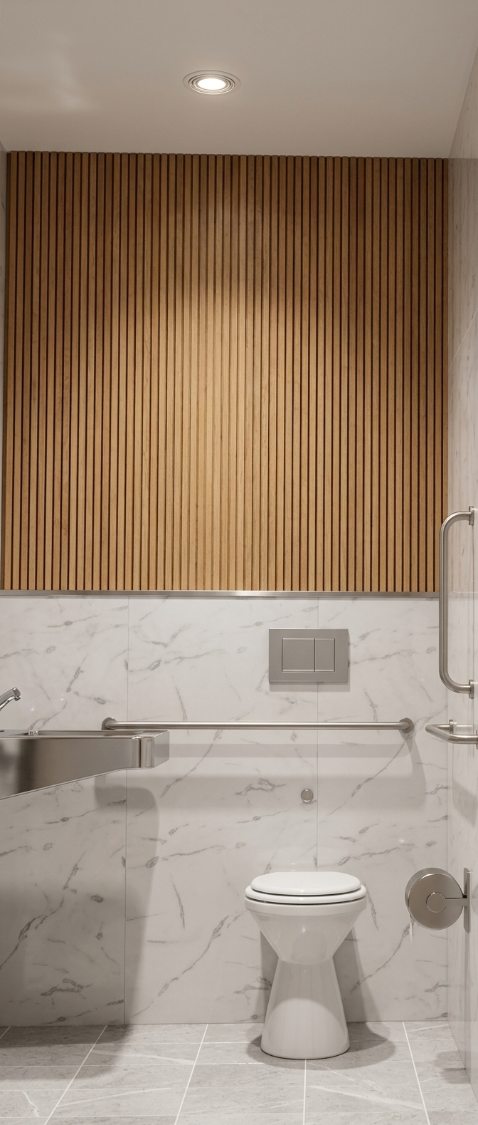 An incredibly lifelike, richly detailed, photorealistic eye-level interior shot of an accessible luxury hotel bathroom set in a high-end contemporary hospitality suite during a serene summer midday. The scene is illuminated by a warm, recessed ceiling spotlight and delicate ambient glow, creating an airy, refined, and sophisticated atmosphere. Captured with a 35mm architectural tilt-shift lens, emphasizing the tactile interplay between the lower polished Carrara marble wall panels, the upper feature wall of warm vertical oak wood slats, and slim brushed metal accents. The clean-lined space features a sculptural modern toilet, seamlessly integrated minimalist grab bars, a dual-flush plate, and pristine tiled flooring in a palette of pearl, champagne, soft gray, and warm white, exemplifying understated elegance and balanced modern design.