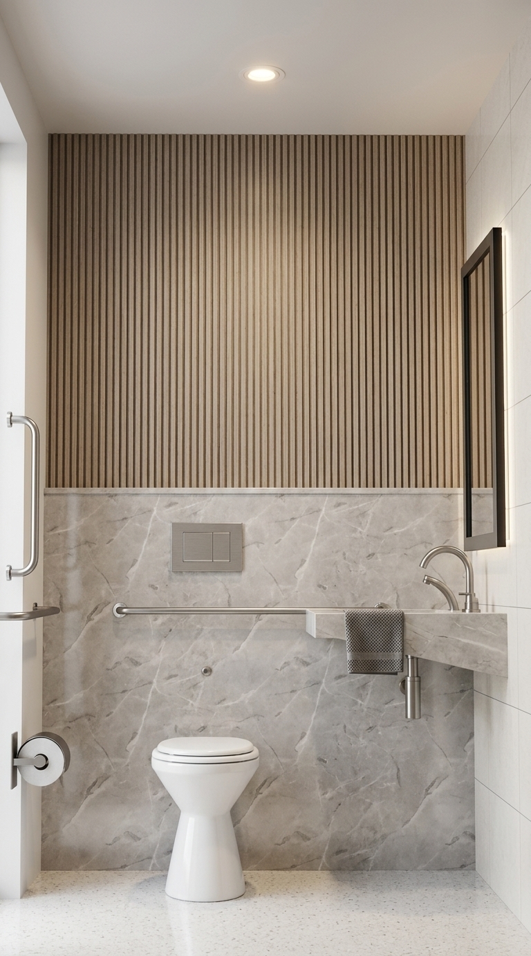 An incredibly lifelike, richly detailed, photorealistic eye-level interior photo of an accessible luxury hotel bathroom set in an upscale boutique hospitality suite. The scene is illuminated by a warm overhead recessed downlight and crisp midday ambient glow, paired with soft LED backlighting from the tall vanity mirror, creating a serene, refined, and sophisticated atmosphere. Captured with a wide-angle 24mm architectural lens, emphasizing the tactile vertical fluted wood wall paneling, polished pearl-gray marble cladding, and sleek brushed stainless steel fixtures. The composition centers on the sculpted, clean-lined toilet and floating cantilevered stone basin, harmoniously balanced by slim matte black and chrome metal accents, tailored finishes, and a pristine, light-filled polished floor that defines contemporary elegance.