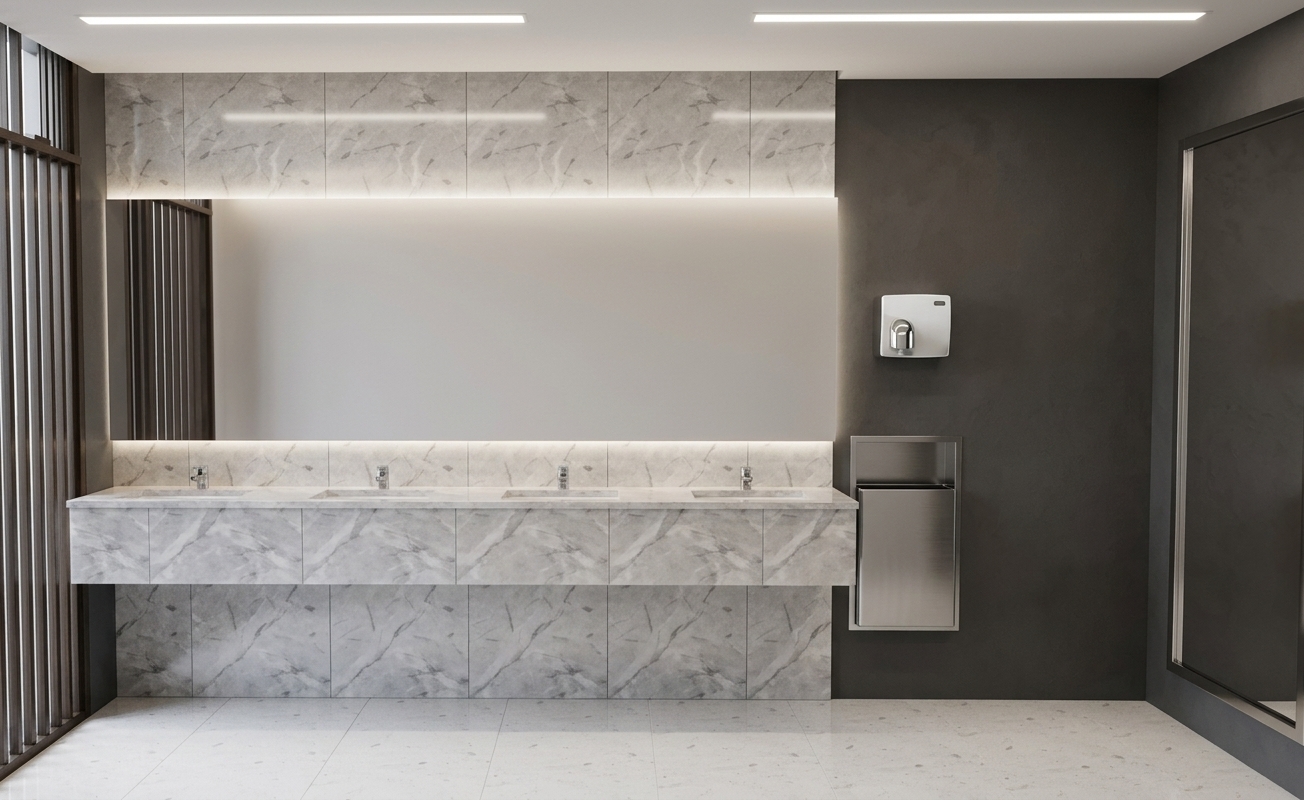 An incredibly lifelike, richly detailed, photorealistic wide-angle interior shot of a luxurious hotel bathroom set in a high-end contemporary hospitality suite during a bright summer midday. The scene is illuminated by soft, recessed linear ceiling luminaires and subtle edge backlighting, creating a refined, airy, and sophisticated atmosphere. Captured with a full-frame architectural camera and a 24mm tilt-shift lens, emphasizing the seamless polished stone surfaces, sleek metal accents, and precise geometric lines. The centerpiece is a floating vanity clad in soft gray and pearl-veined marble supporting four minimalist sinks with sleek chrome fixtures beneath an expansive, softly illuminated frameless mirror. The surrounding matte charcoal walls provide a striking contrast, complemented by a recessed stainless steel waste receptacle, a modern hand dryer, a dramatic full-height illuminated mirror on the right, and pristine light stone flooring that reflects the balanced, clean-lined elegance of the space.