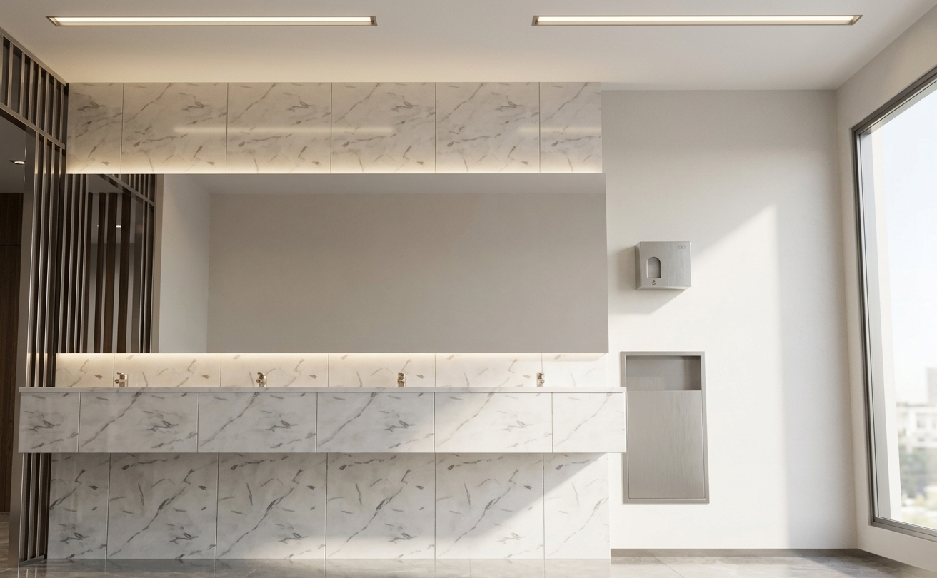An incredibly lifelike, richly detailed, photorealistic straight-on architectural interior shot of a luxury hotel bathroom set in a high-end contemporary hospitality suite. The scene is illuminated by bright midday summer sunlight streaming in from the adjacent full-height opening alongside warm recessed linear ceiling lighting and a soft back-glow from the mirror, creating an airy, refined, and serene atmosphere. Captured with a wide-angle 24mm architectural tilt-shift lens, emphasizing the seamless polished stone surfaces, subtle reflections, and crisp, clean-lined geometry. A monolithic floating vanity clad in pearl and soft gray veined marble stretches across the wall, fitted with four minimalist champagne-finish faucets. The large, pristine backlit mirror serves as an understated focal point against the polished stone wall, while the muted warm white and gray surrounding walls house sleek, flush-mounted metal amenities, perfectly balancing sophisticated luxury with effortless contemporary elegance.